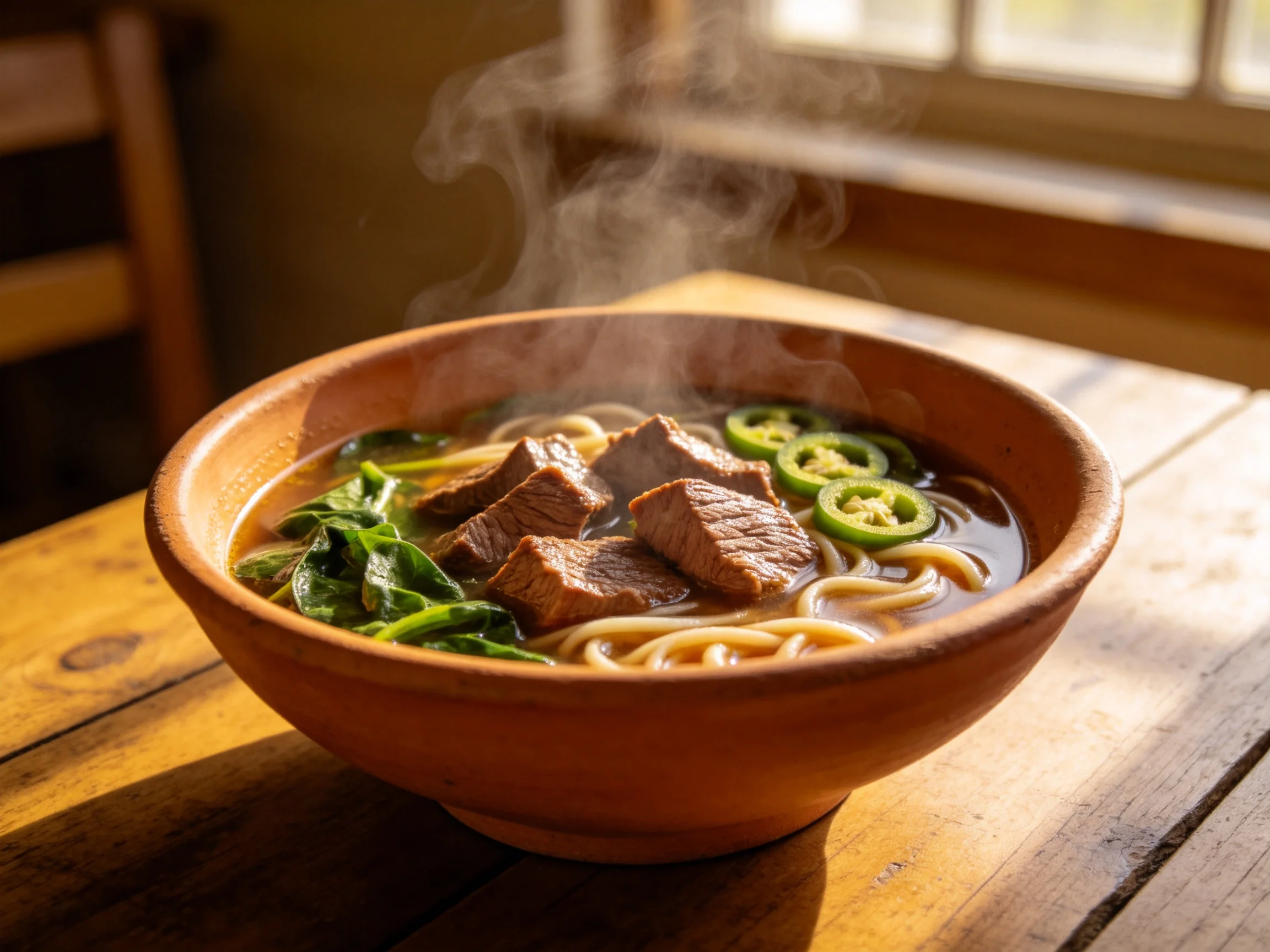 碗中牛肉块纹理清晰，面条在热汤中舒展，绿色蔬菜与辣椒片搭配，蒸汽升腾显示汤品温度。