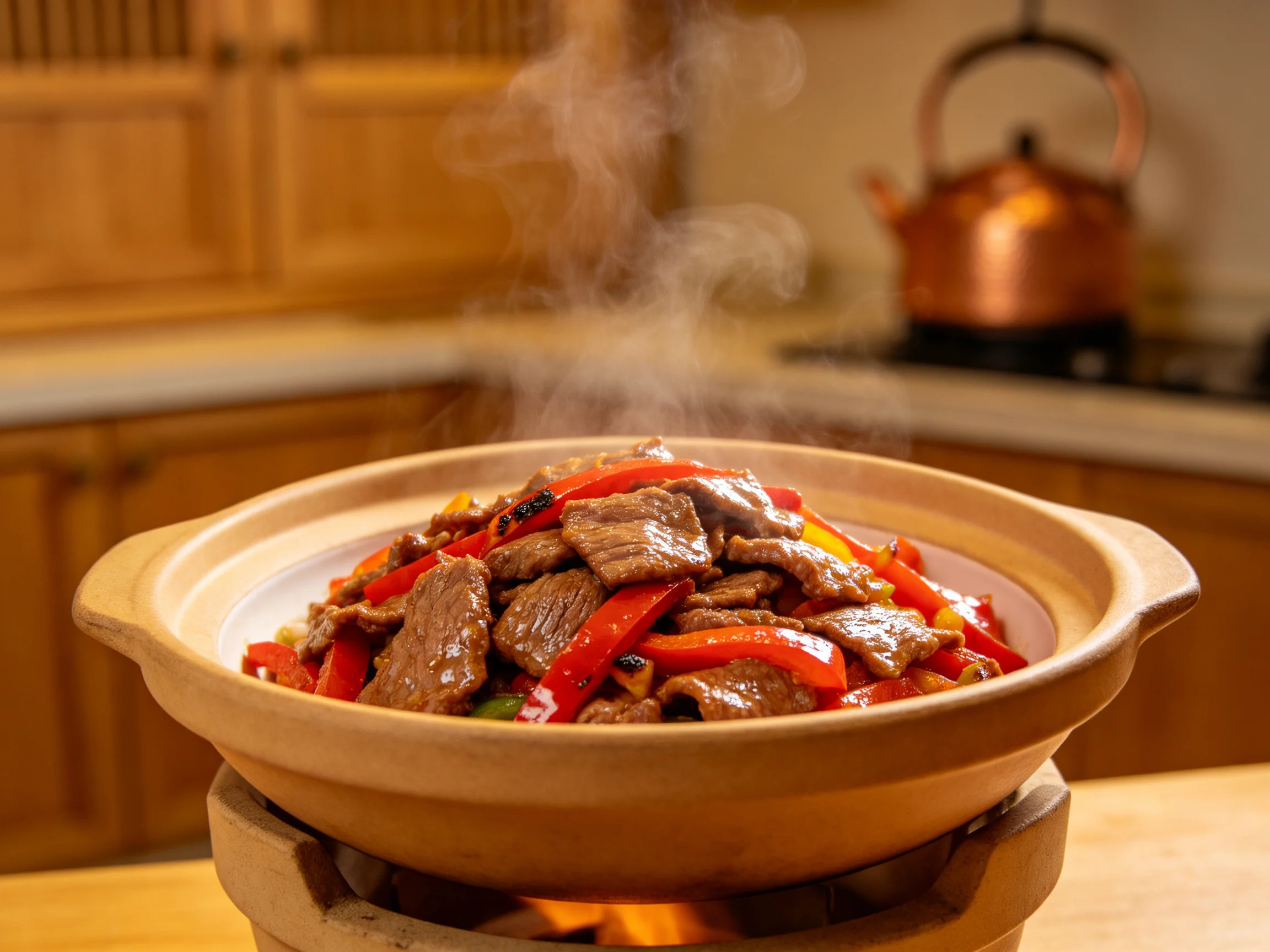 陶锅中盛放着香辣彩椒炒牛肉,牛肉切片饱满,彩椒鲜红,蒸腾的热气在空气中清晰可见。