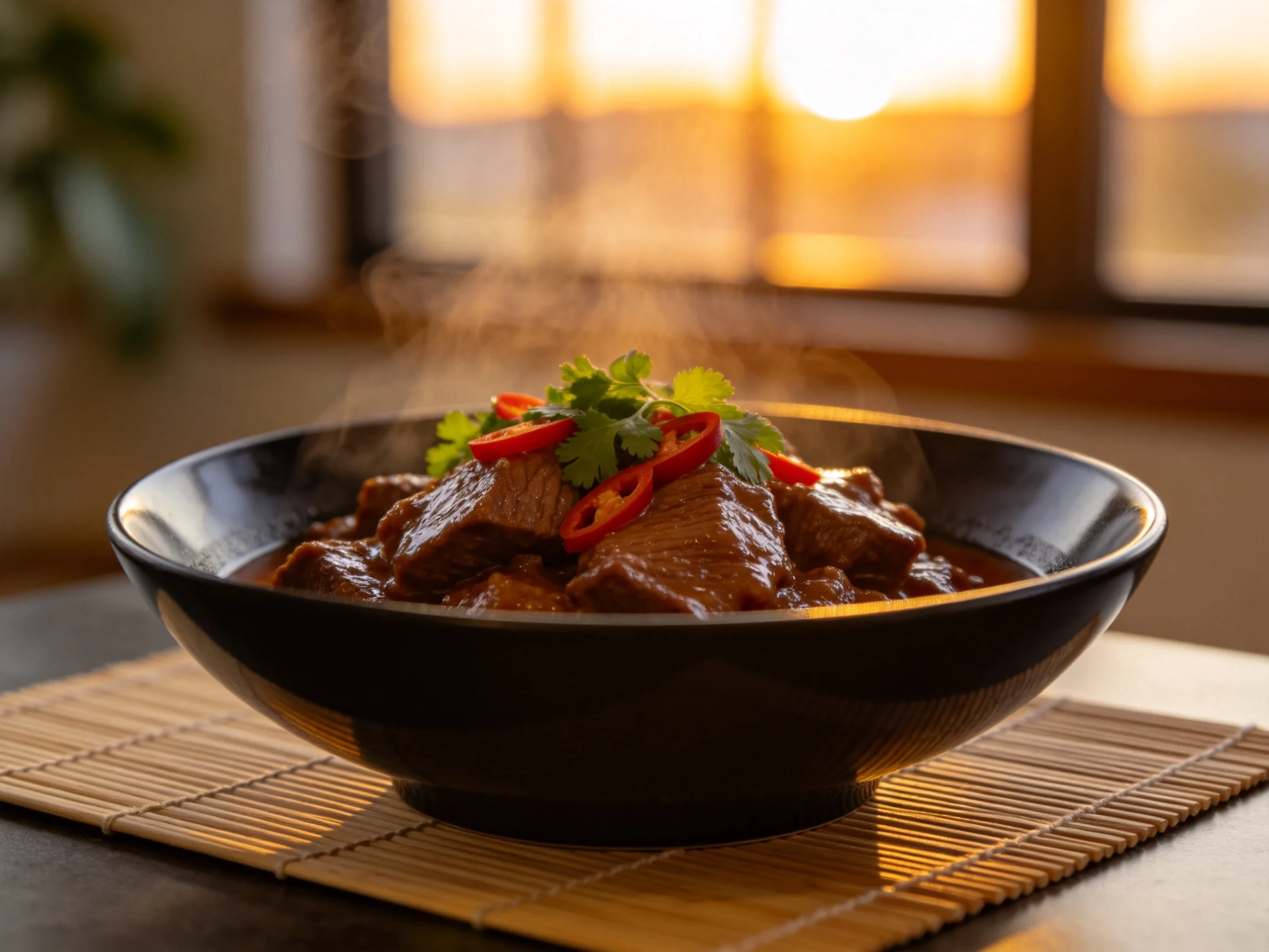 红烧牛肉盛于黑色碗中，表面有红辣椒和香菜装饰，牛肉色泽红亮，处于暖光环境里。