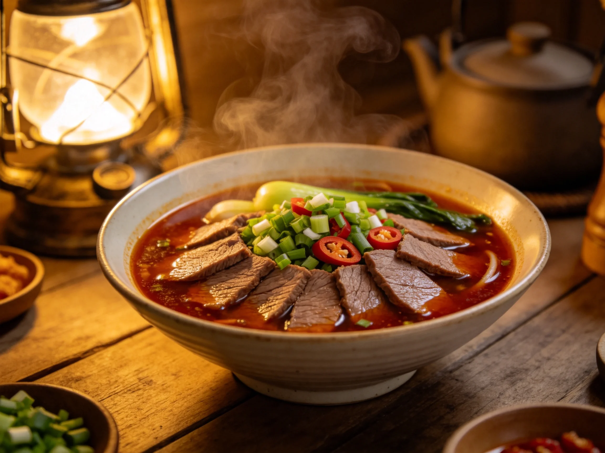 麻辣牛肉汤盛于浅色陶瓷碗中,牛肉切片呈环形分布,表面油润有光泽,周围环绕着青红辣椒与青菜。
