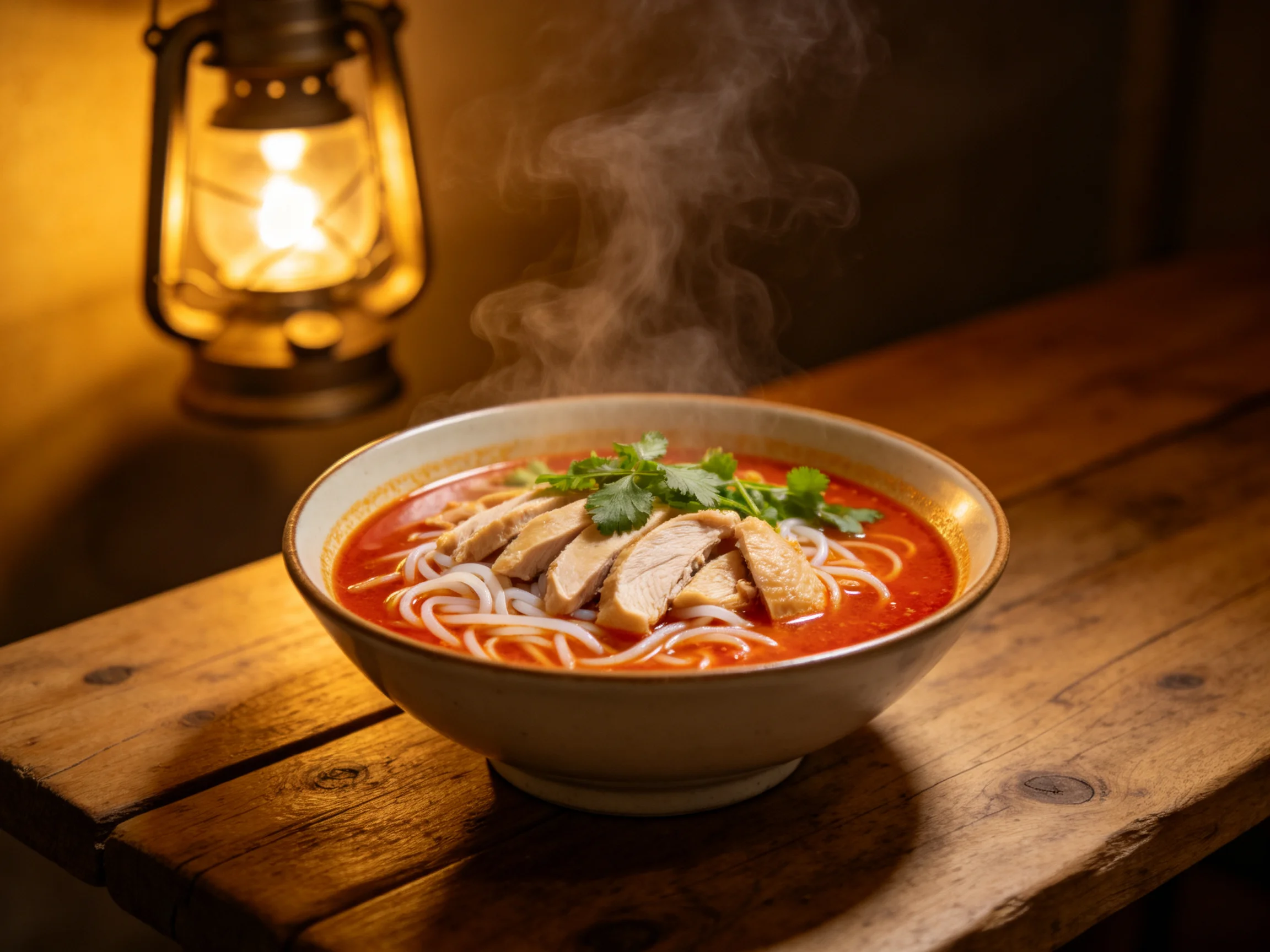 一碗香辣鸡汤米粉盛于浅色陶瓷碗中,表面有香菜装饰,蒸汽升腾。