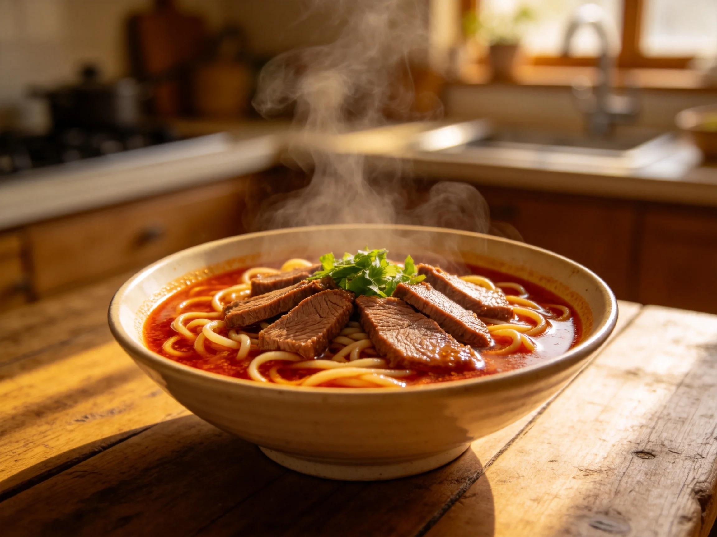 浅色陶瓷碗中盛放的红亮汤汁香辣牛肉面，面条与肉片清晰可辨，热气升腾。