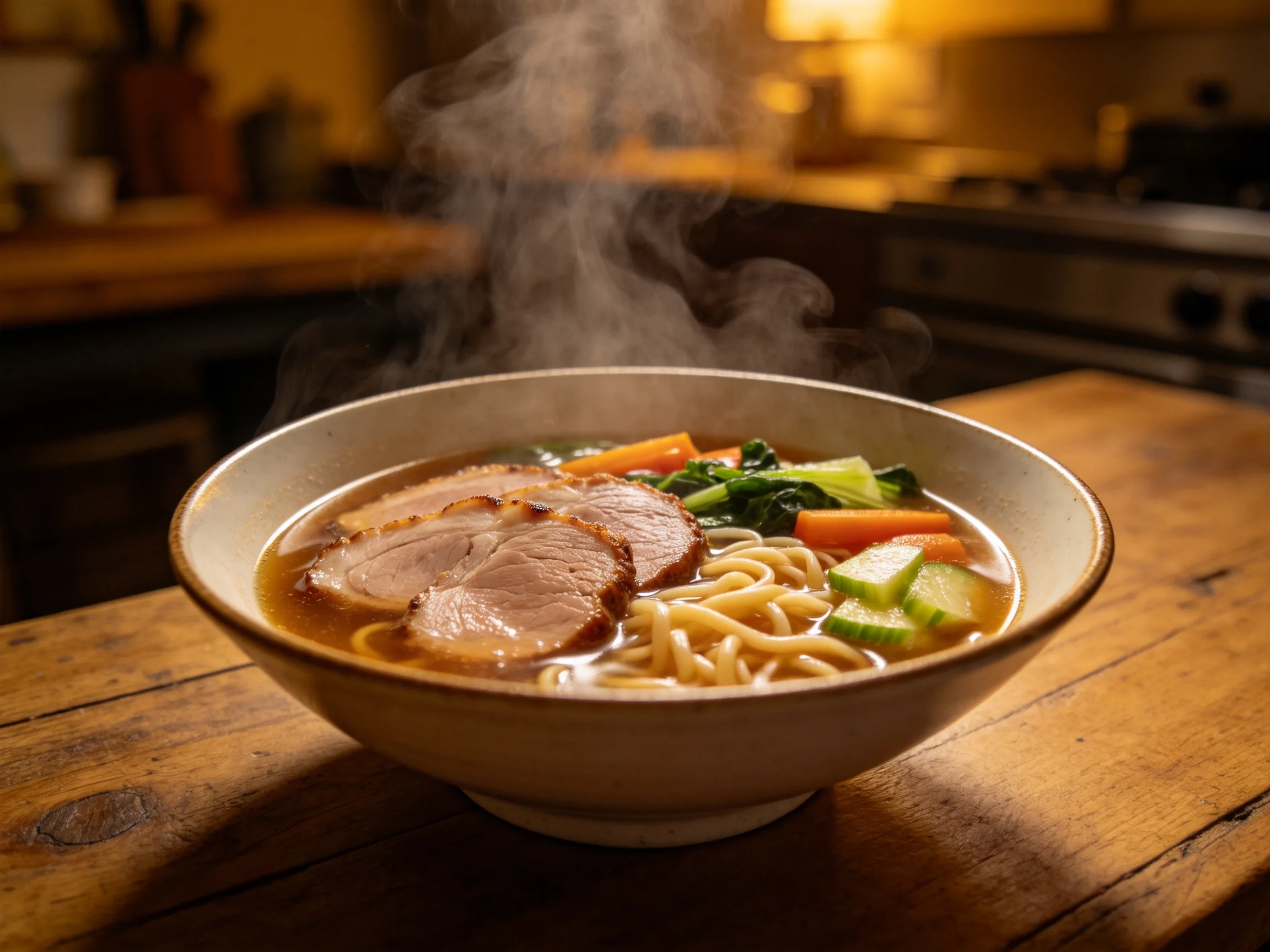 一碗冒着热气的叉烧拉面，叉烧肉片色泽红润，面条劲道，碗中有胡萝卜和绿叶蔬菜，蒸汽升腾。