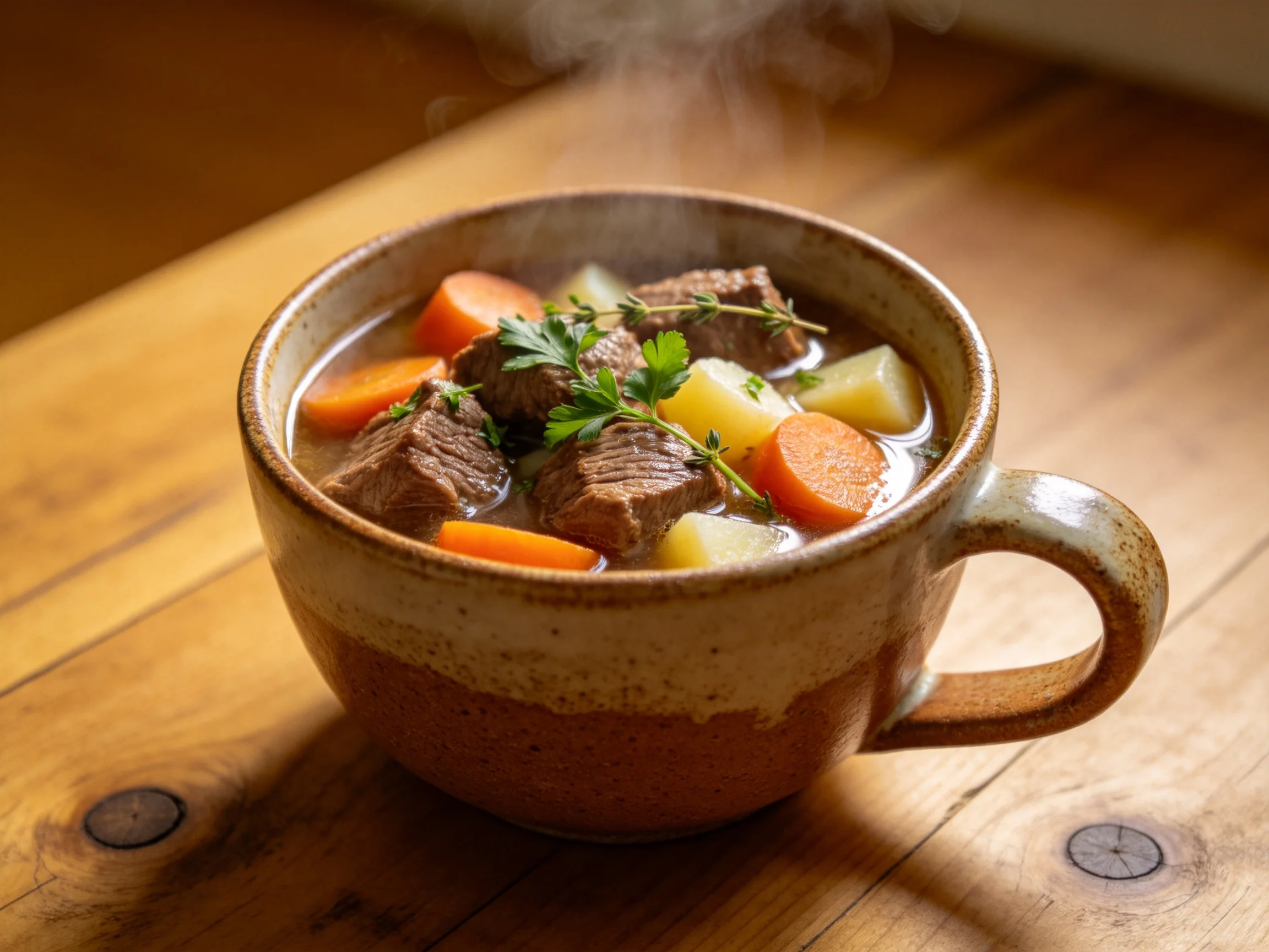 牛肉炖菜盛于陶制容器中,橙色的胡萝卜块与浅棕色牛肉块清晰可见,蒸汽升腾显示其处于高温状态。