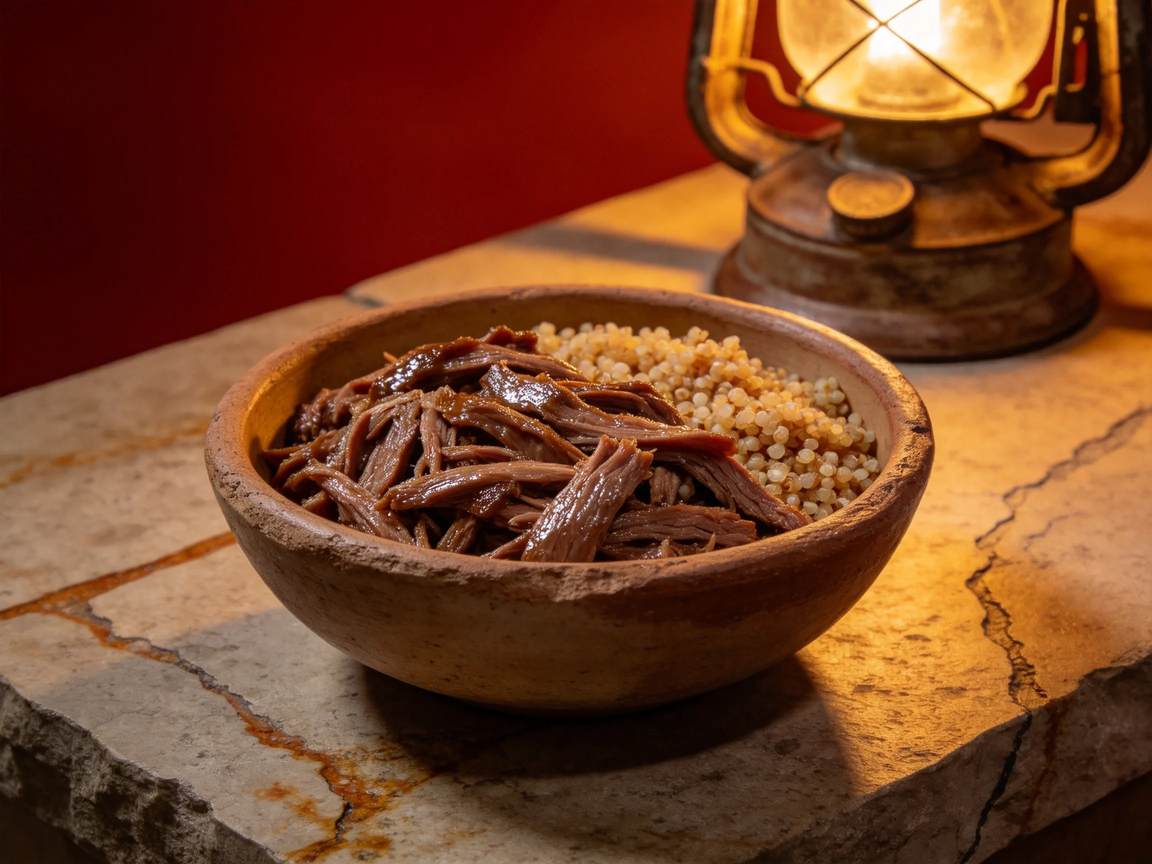 陶碗中盛放的手撕牛羊肉色泽红润,表面有油亮质感,旁边摆放着颗粒分明的谷物饭。
