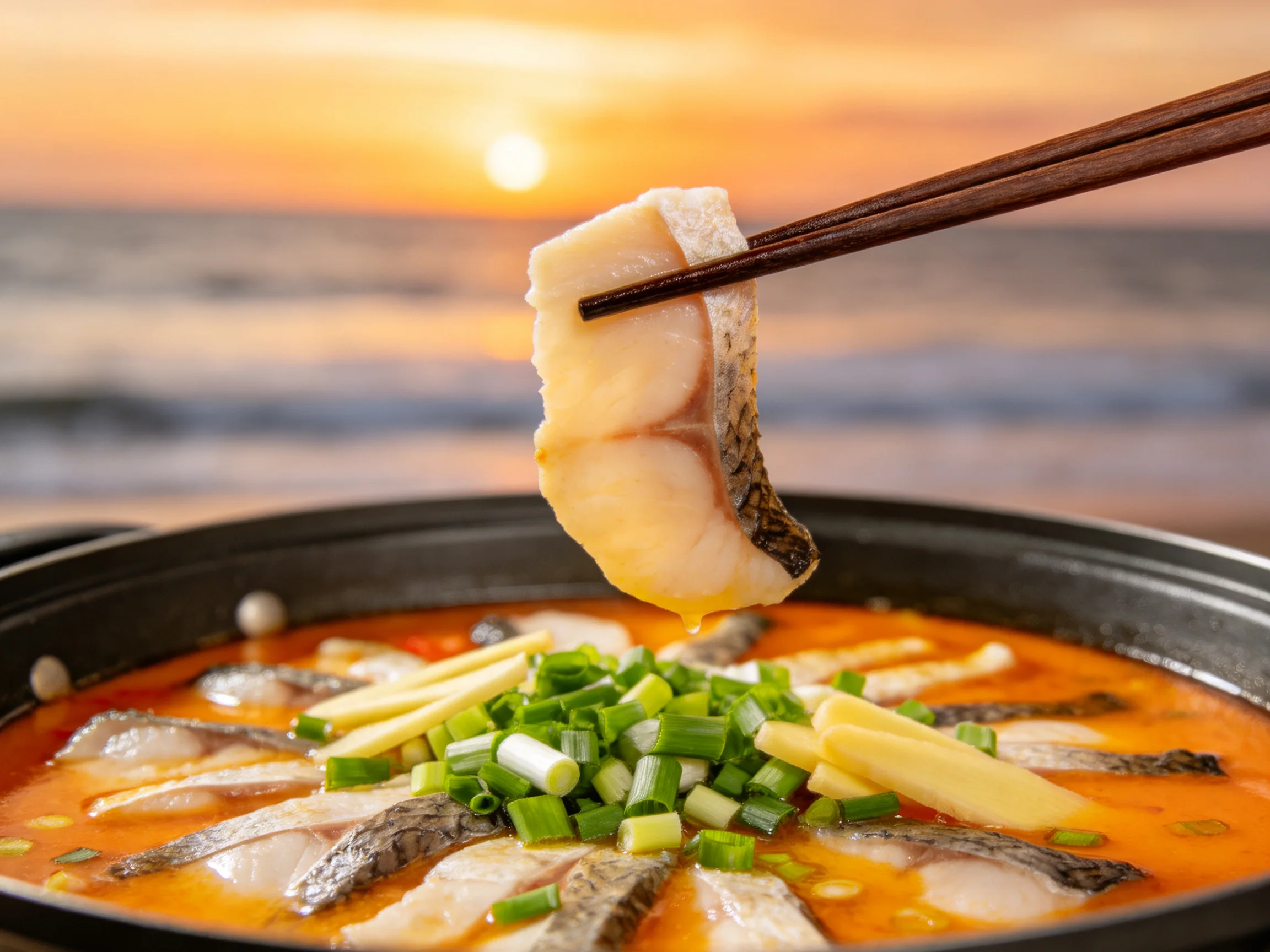 鲜鱼片被筷子夹起,展现出白色肉质和红色汤汁的对比,鱼肉纹理清晰可见。