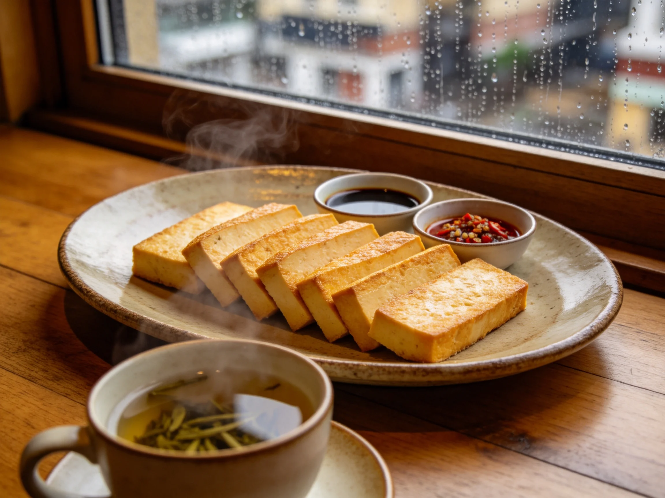盘子里的煎豆腐呈金黄色，表面有轻微焦痕，旁边配有两种不同颜色的蘸料。