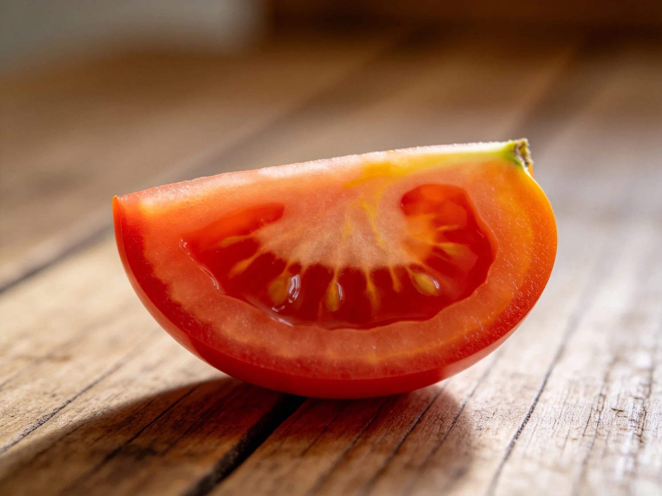 番茄切片呈现出鲜艳红色果肉,可见清晰的种子分布区域和光滑的果皮边缘。