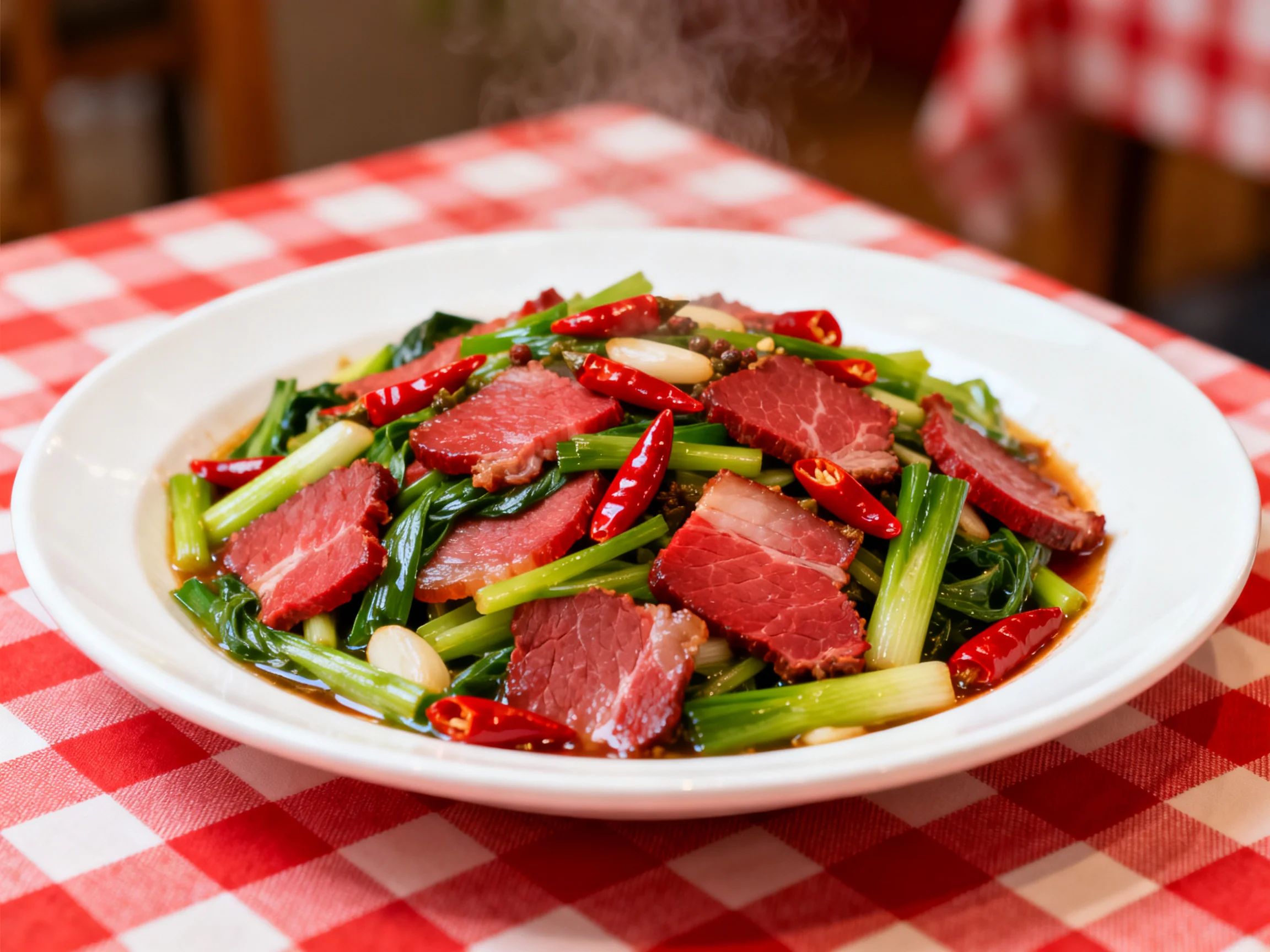 蒜苗辣椒炒腊肉的特写镜头中,腊肉片色泽红亮,蒜苗翠绿,辣椒鲜红,食材摆放错落有致。