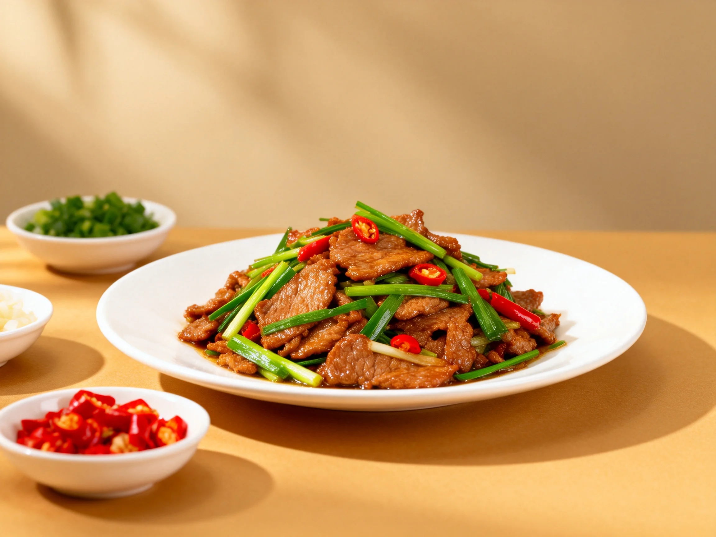 盘子里的牛肉切片均匀，表面油亮，搭配翠绿葱段和鲜红辣椒，色彩对比鲜明。
