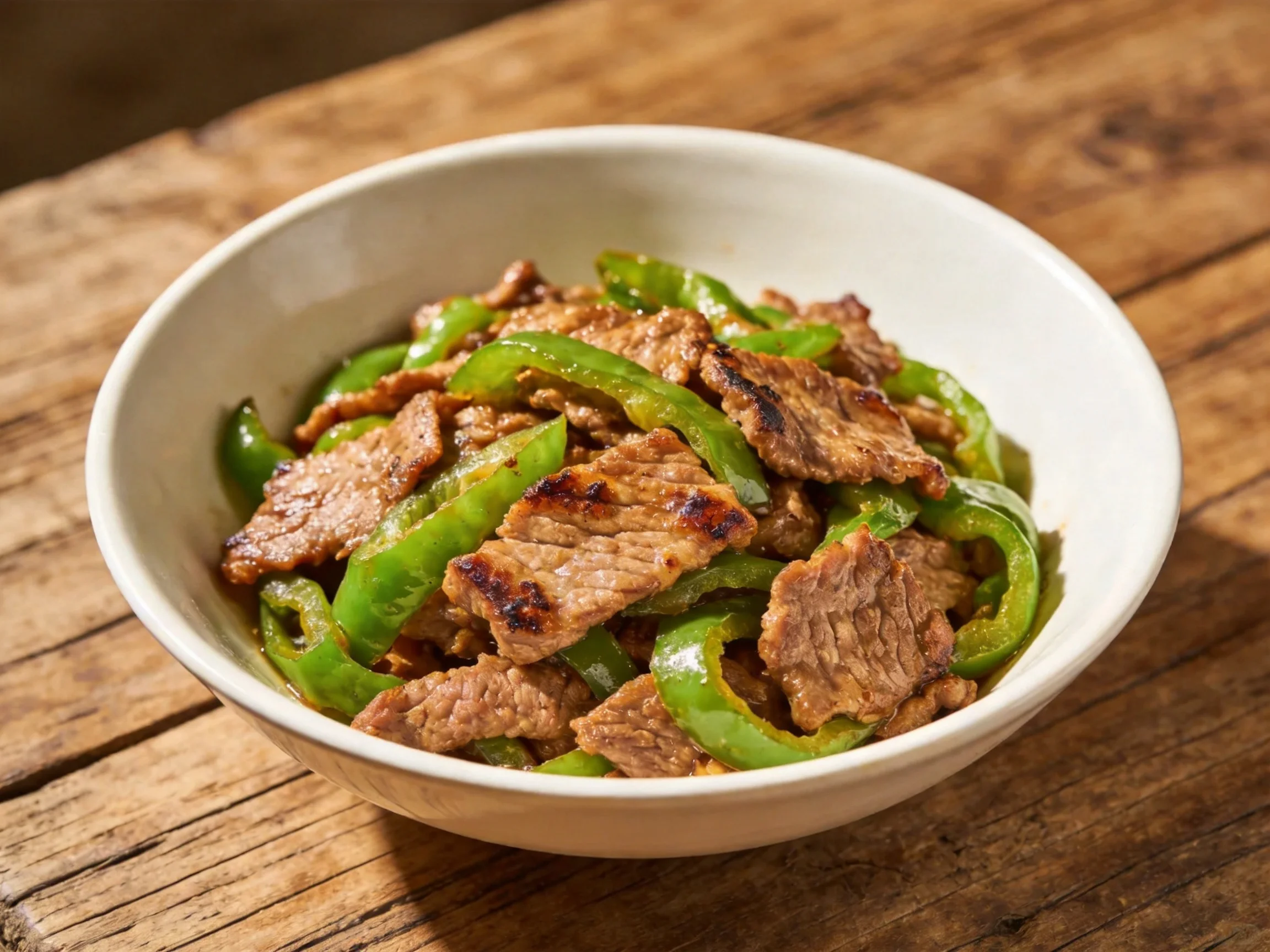 青椒炒牛肉盛放在白色碗中,牛肉切片纹理清晰,青椒鲜绿饱满,色泽对比鲜明。