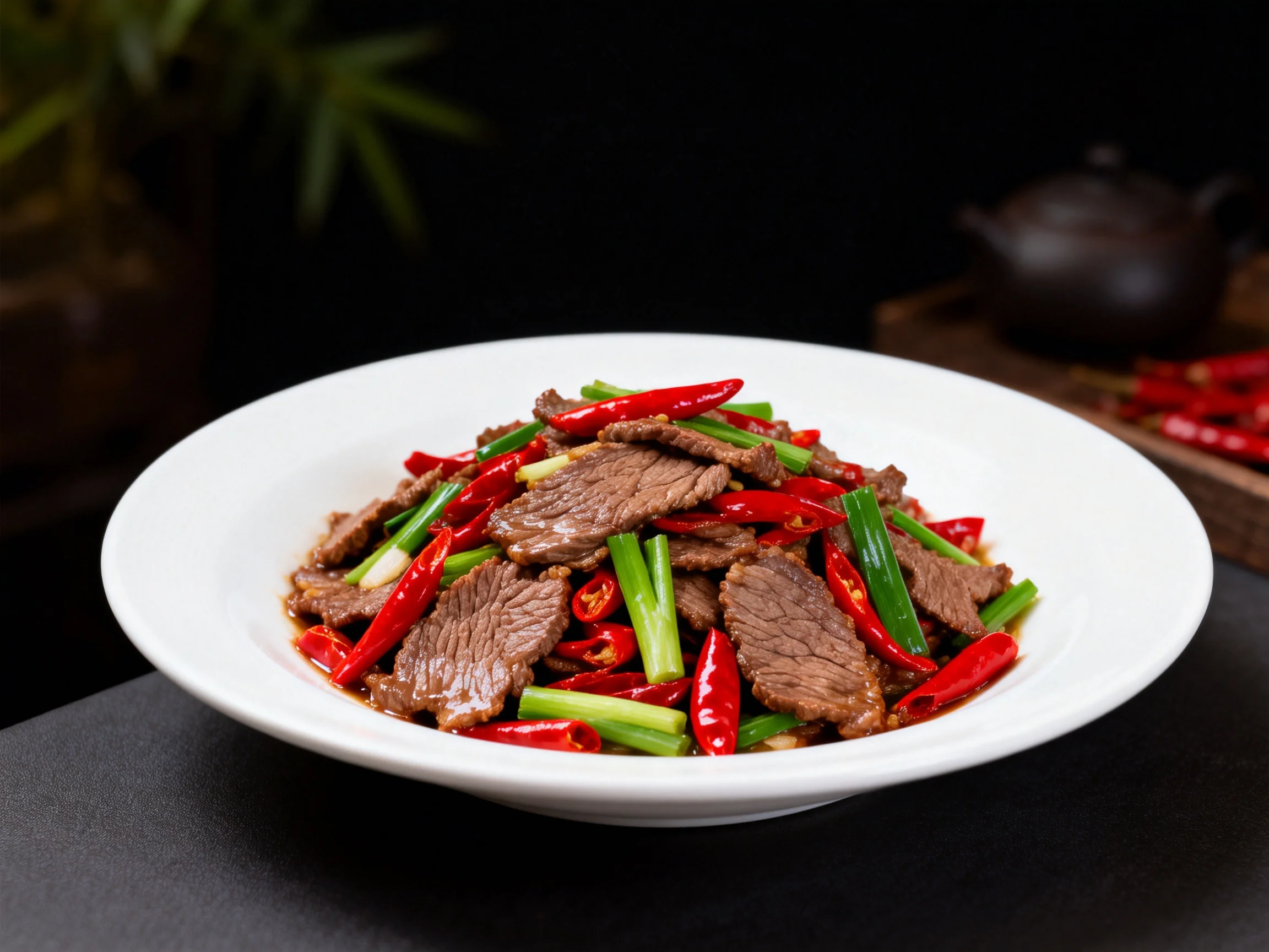 辣椒炒牛肉中牛肉片纹理清晰,鲜红辣椒与青葱段搭配,色彩对比强烈。