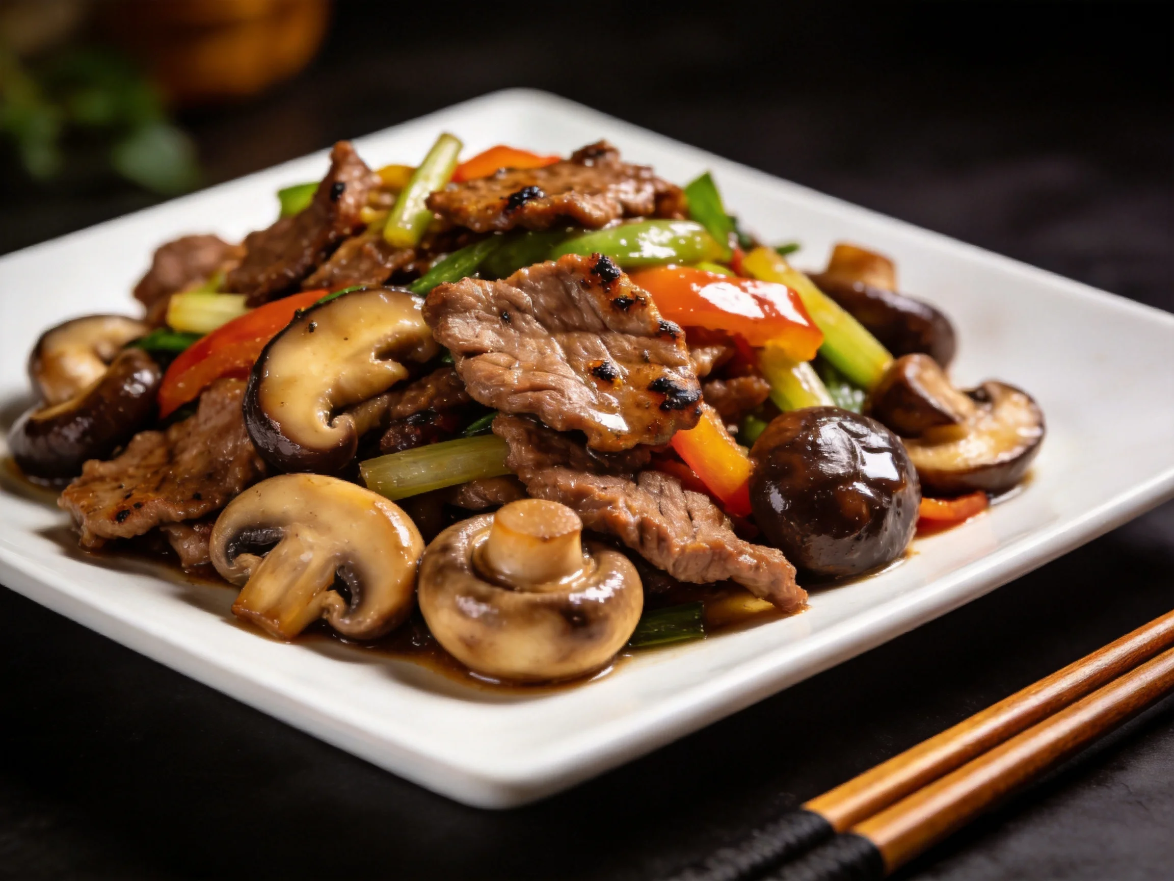 牛肉香菇彩椒炒时蔬,牛肉切片均匀,表面有焦褐色纹理,香菇形态饱满,彩椒色彩鲜艳。