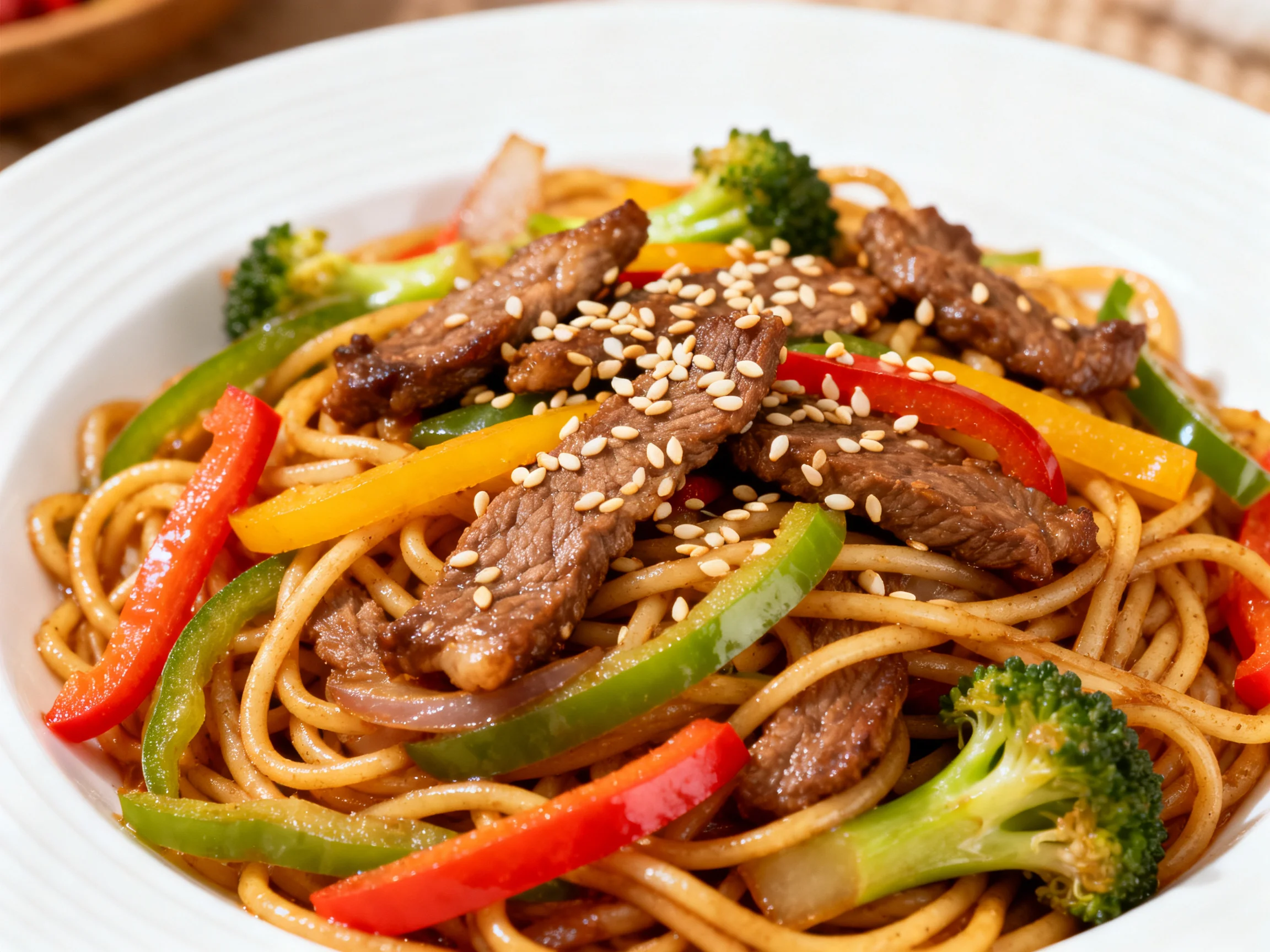 牛肉彩椒炒面中,牛肉切片均匀,彩椒色彩鲜艳,面条与食材相互交织,芝麻点缀其上。