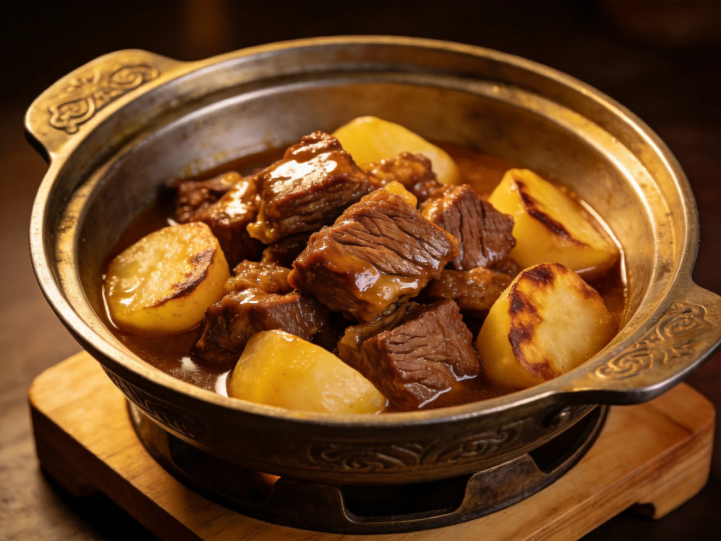 铜锅炖牛肉土豆煲，色泽红亮的牛肉块与金黄的土豆块搭配，炖菜汤汁浓稠裹附在食材上。