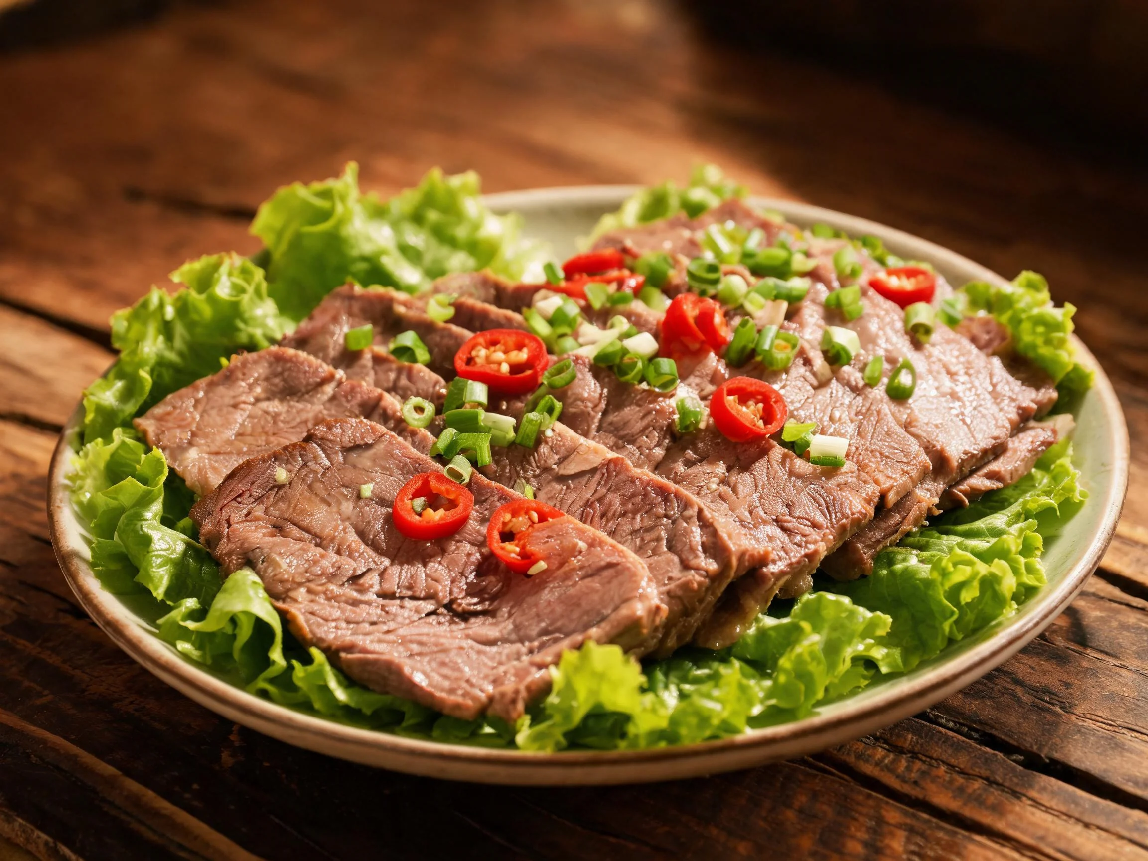 凉拌牛肉切片呈棕红色，表面点缀着鲜红的辣椒圈与翠绿的葱花。