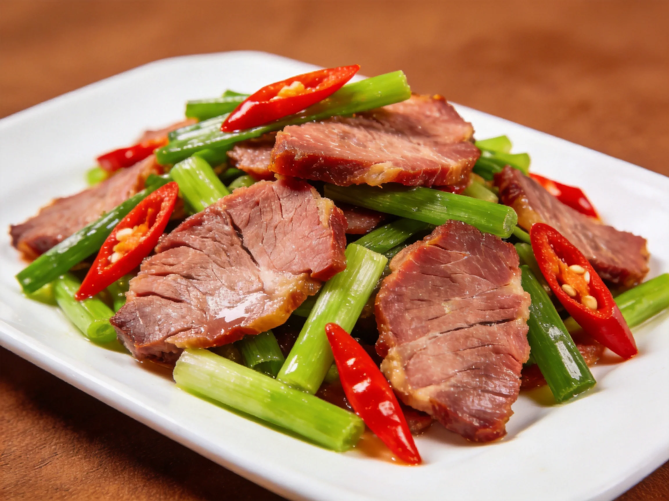蒜苗炒腊肉的腊肉片纹理清晰,搭配鲜红辣椒与翠绿蒜苗,色彩对比鲜明。