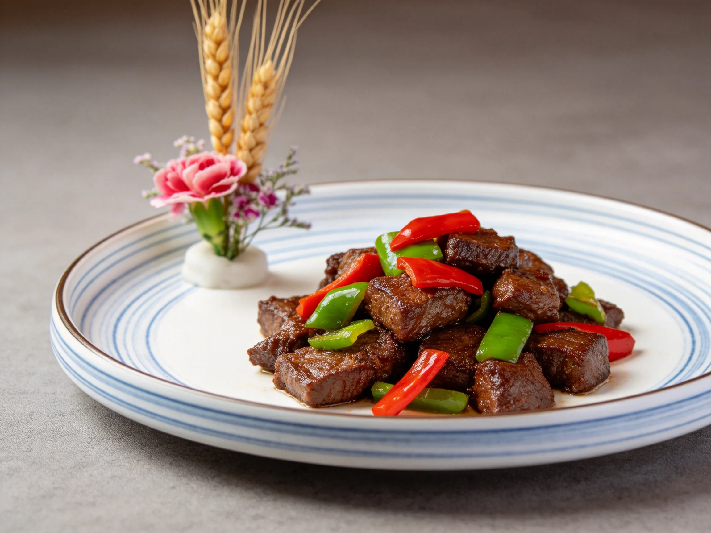 彩椒牛肉块被精致地摆放在带蓝纹的瓷盘中,牛肉呈焦褐色,青红辣椒色彩鲜艳,呈现出诱人的色泽。