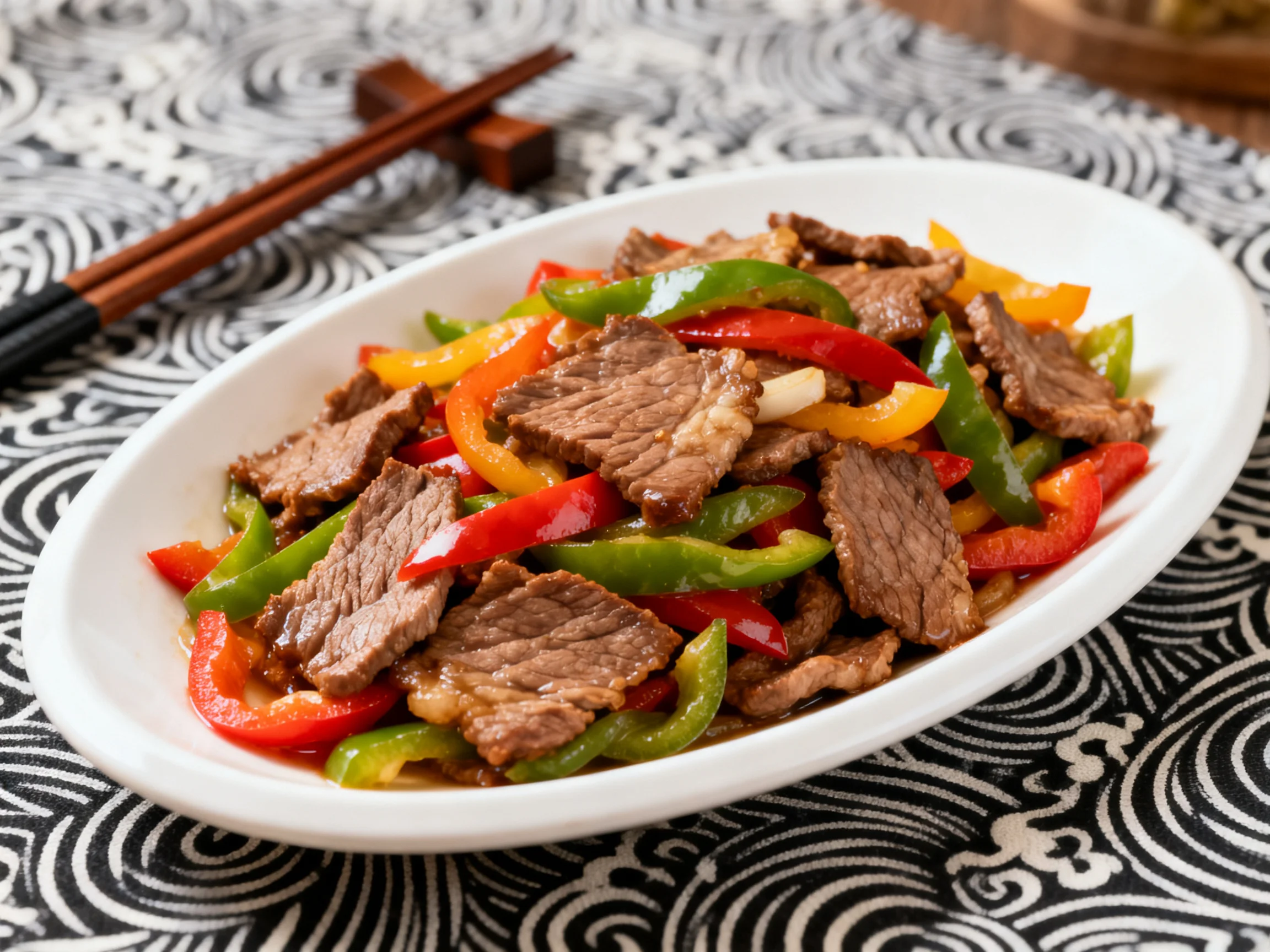彩椒炒牛肉中牛肉切片纹理清晰,彩椒色彩鲜艳,摆放在白色瓷盘中。