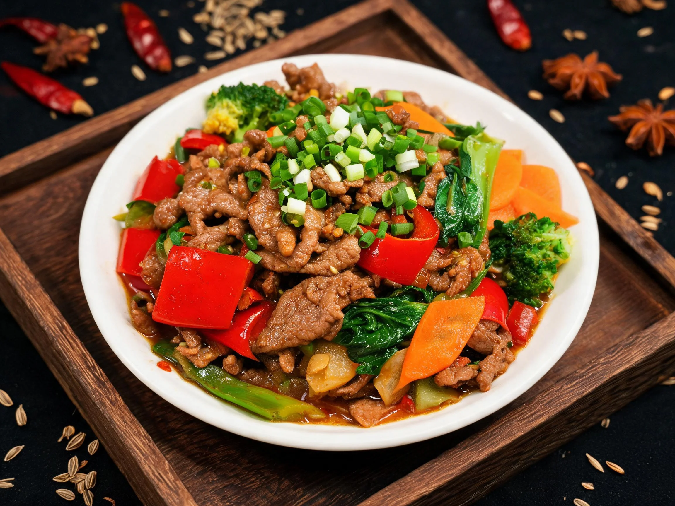 牛肉时蔬小炒中牛肉切片均匀,红甜椒块鲜艳,整体色泽丰富。