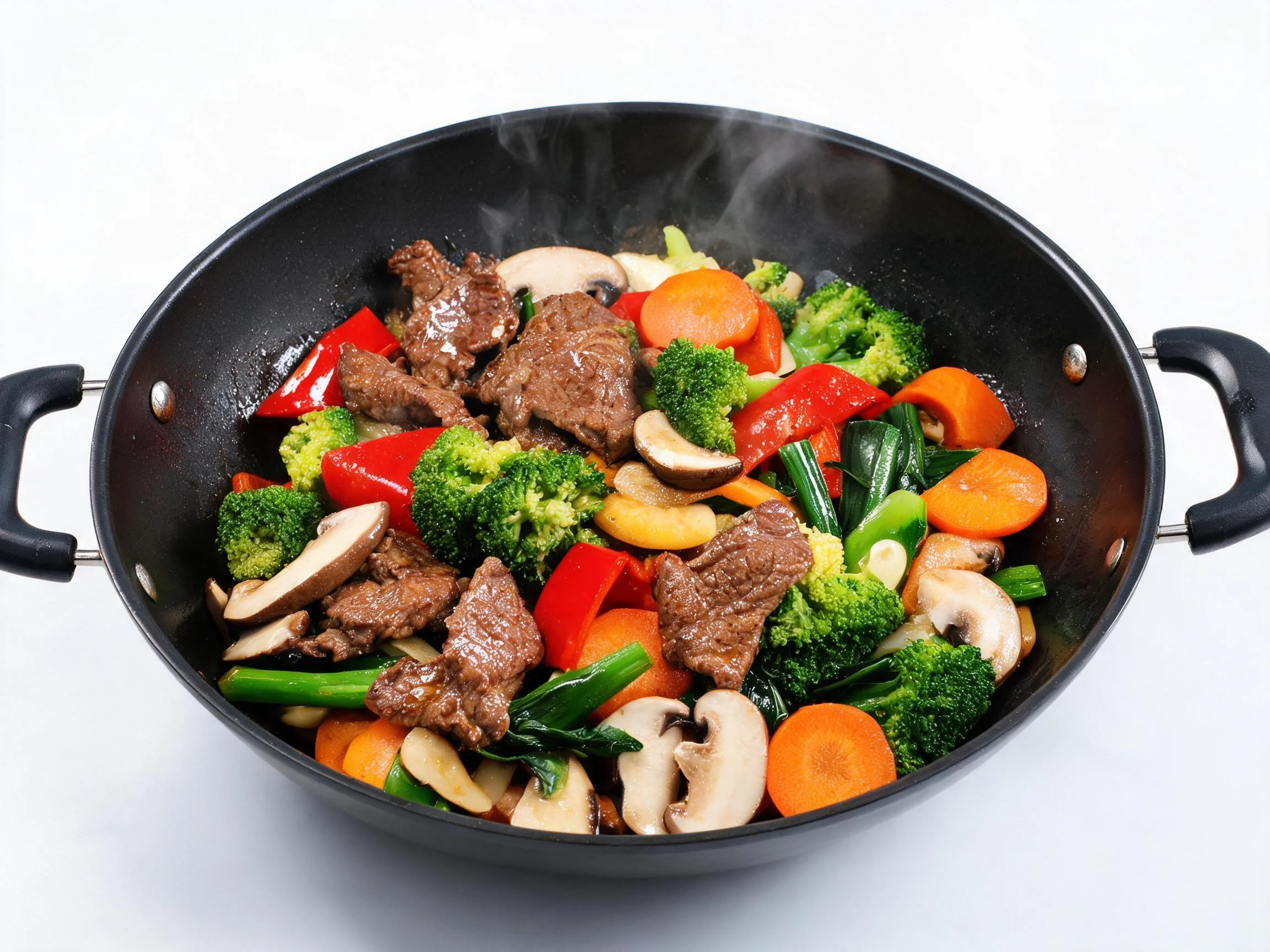 铸铁锅中的牛肉时蔬小炒,牛肉纹理清晰,搭配多种新鲜蔬菜,热气升腾。