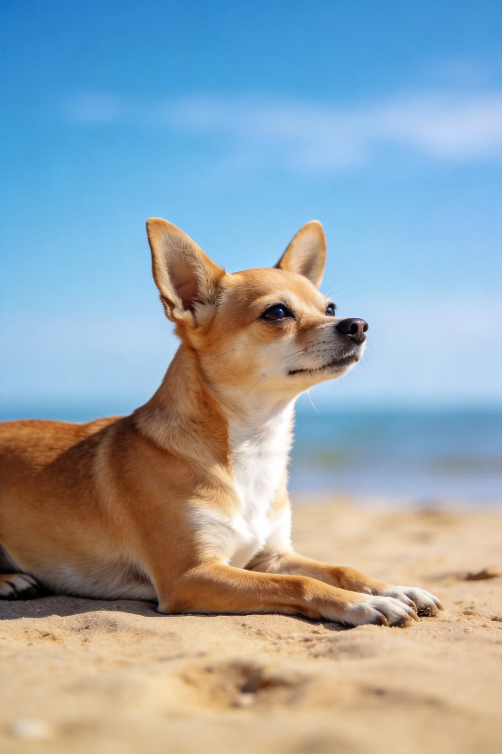一只浅棕白相间的吉娃娃犬趴在沙滩上，耳朵竖立，目光看向远方。