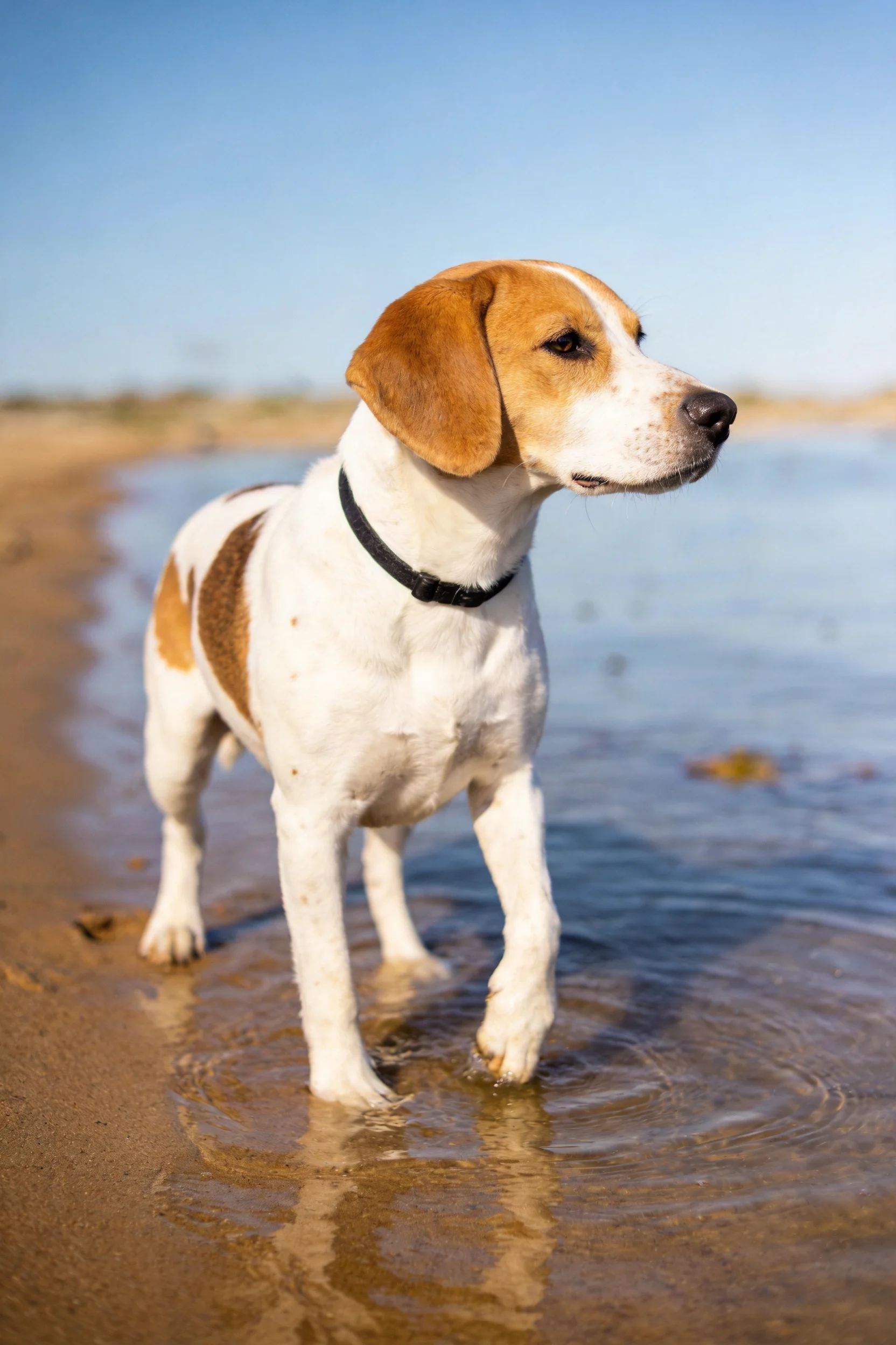 指示猎犬站在沙滩浅水中,白色带棕色斑块的毛发清晰可见,爪子轻触水面引起波纹。