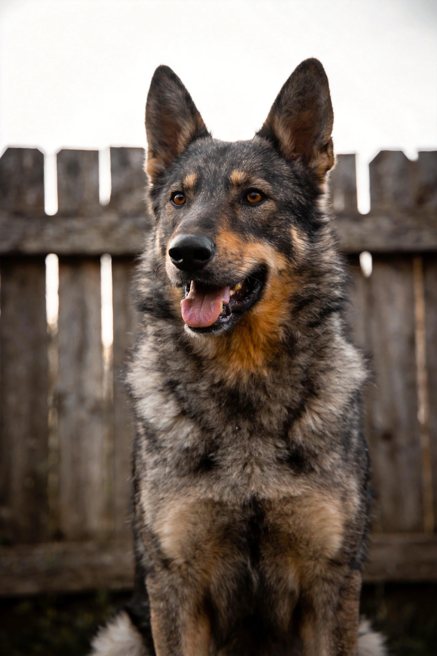 德国牧羊犬嘴巴张开露出粉红色舌头，蓝灰色与棕色毛发清晰可见。