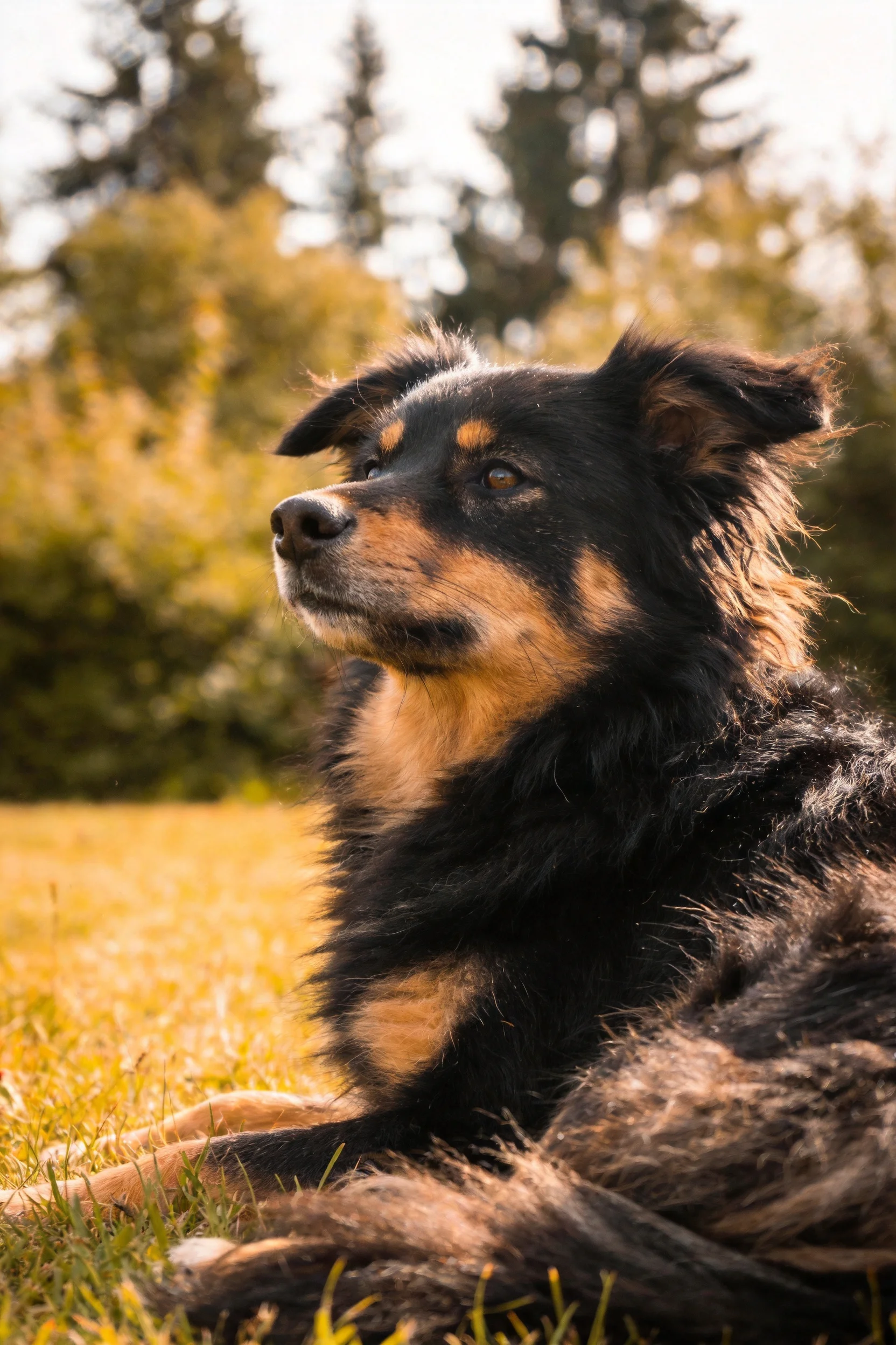 边境牧羊犬混种的黑色毛发带有浅棕色斑块,耳朵微微立起,安静趴卧在阳光草地上的状态清晰呈现。