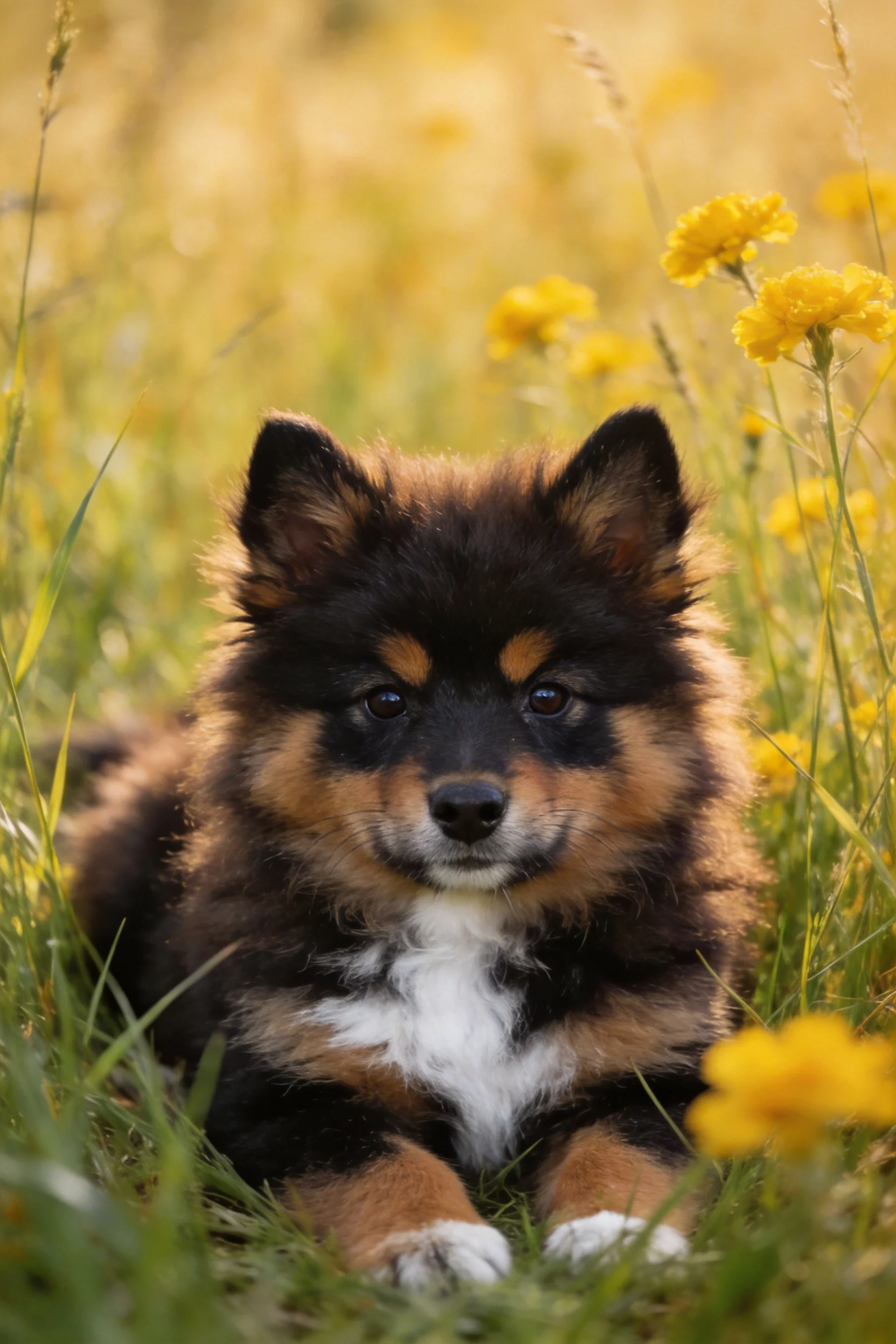 芬兰拉普猎犬幼崽有着黑棕白相间的蓬松毛发,安静地趴卧在花草丛中。