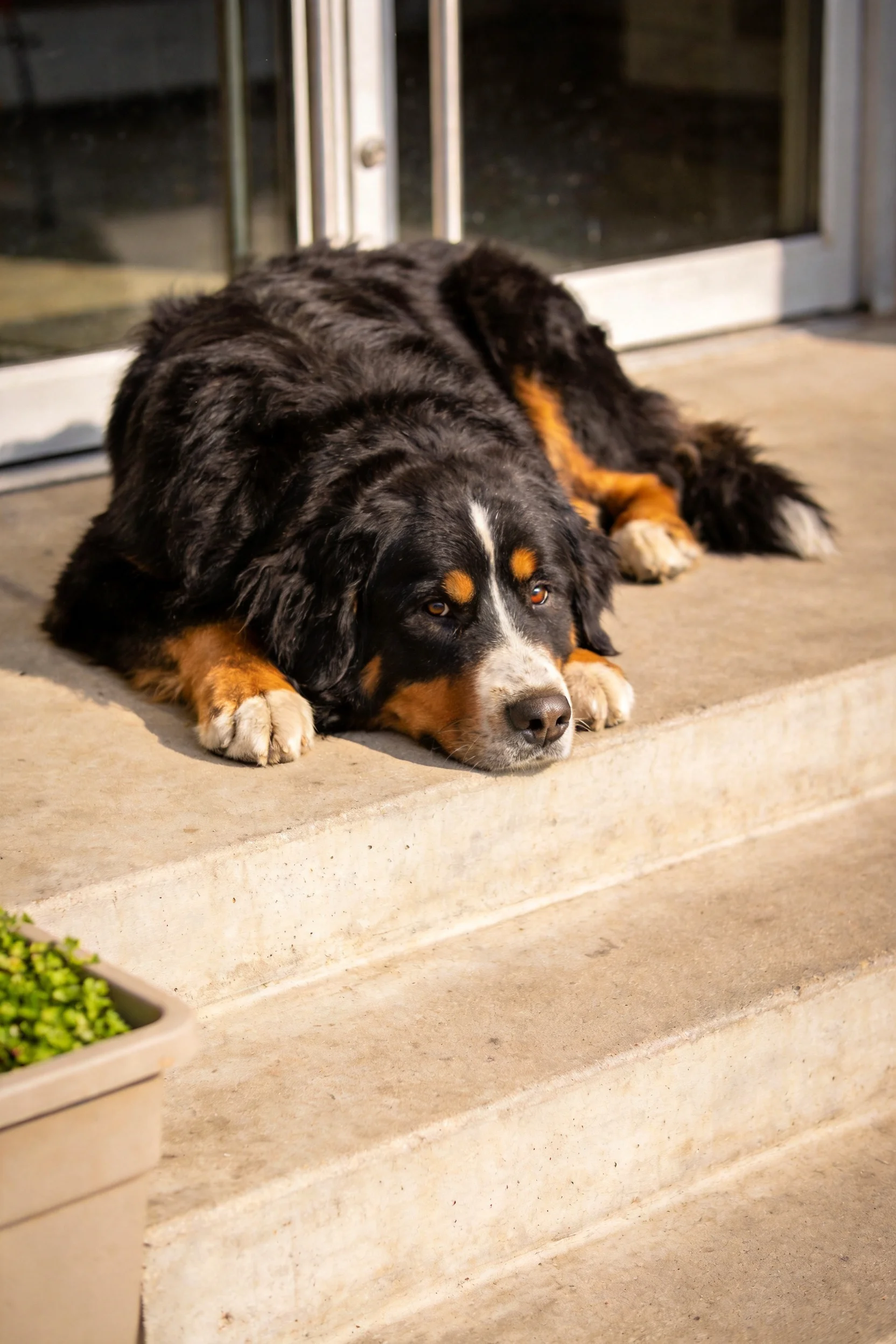 伯恩山犬安静地趴在混凝土台阶上,带有白色和棕色的脸部特征清晰可见。