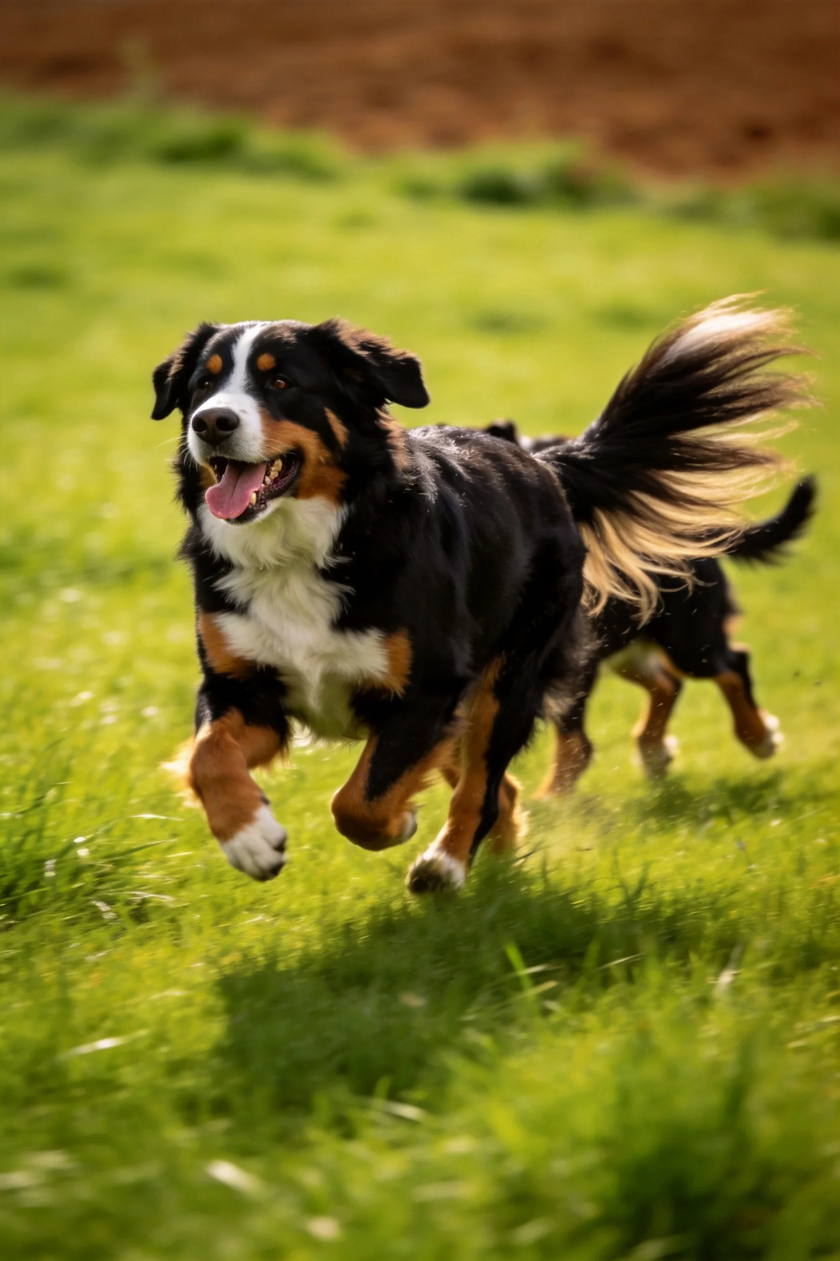 伯恩山犬在草地上奔跑,黑色的被毛搭配白色与棕色斑纹,尾巴高高扬起。