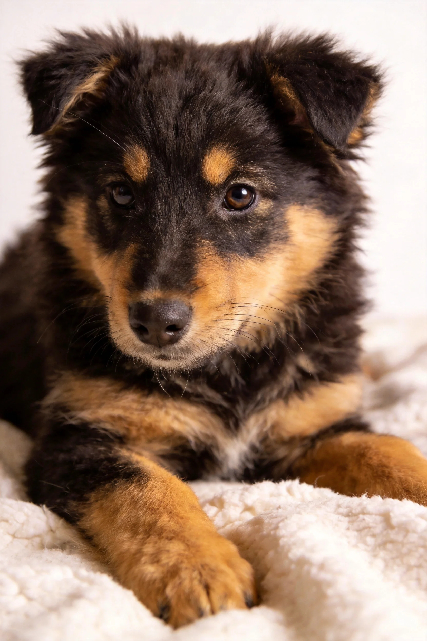 混血幼犬黑白相间的毛发,安静趴在柔软的白色毯子上。