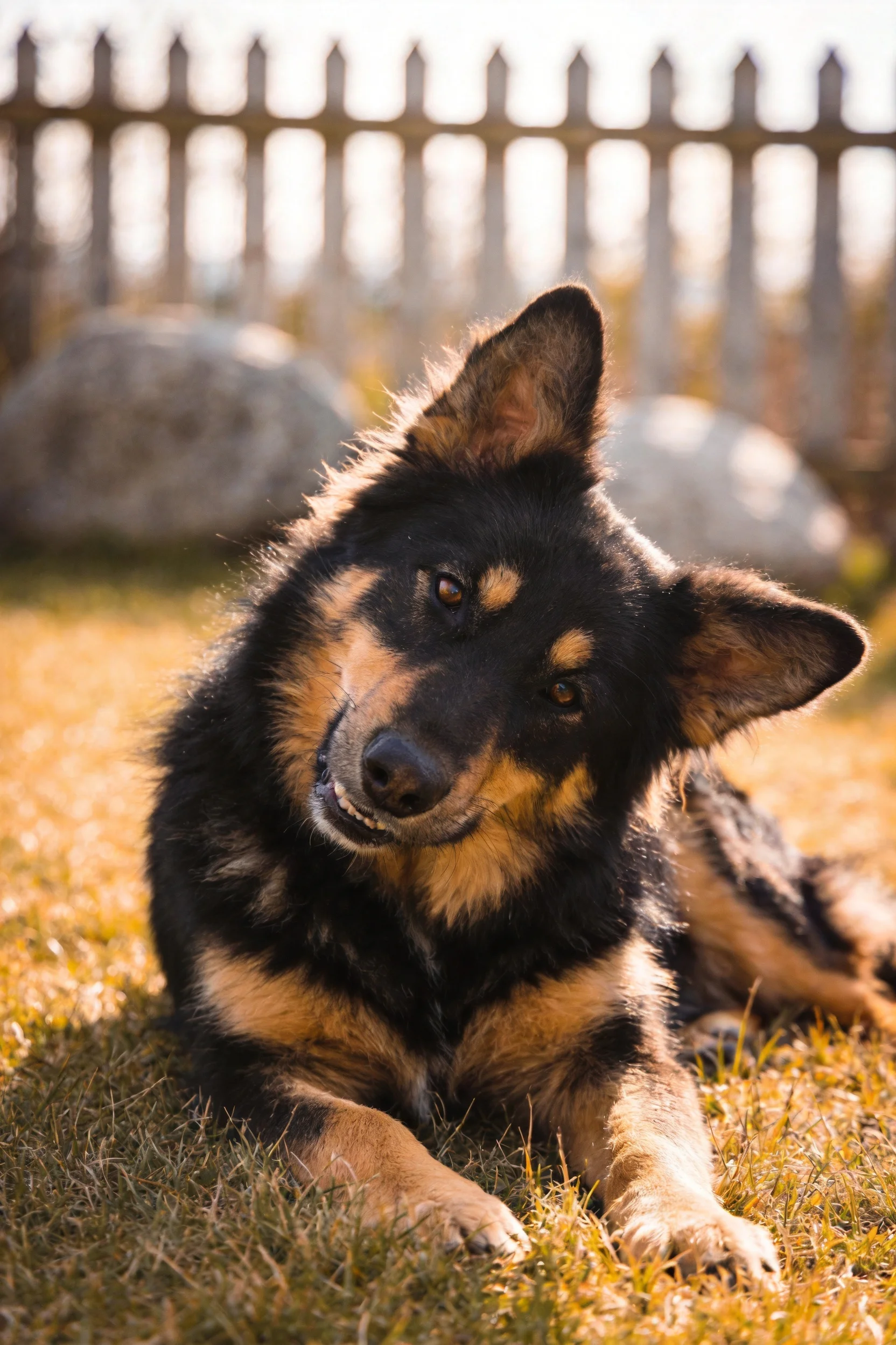 德国牧羊犬安静趴卧,黑棕相间毛发在阳光下显得油亮,眼神温和注视前方。