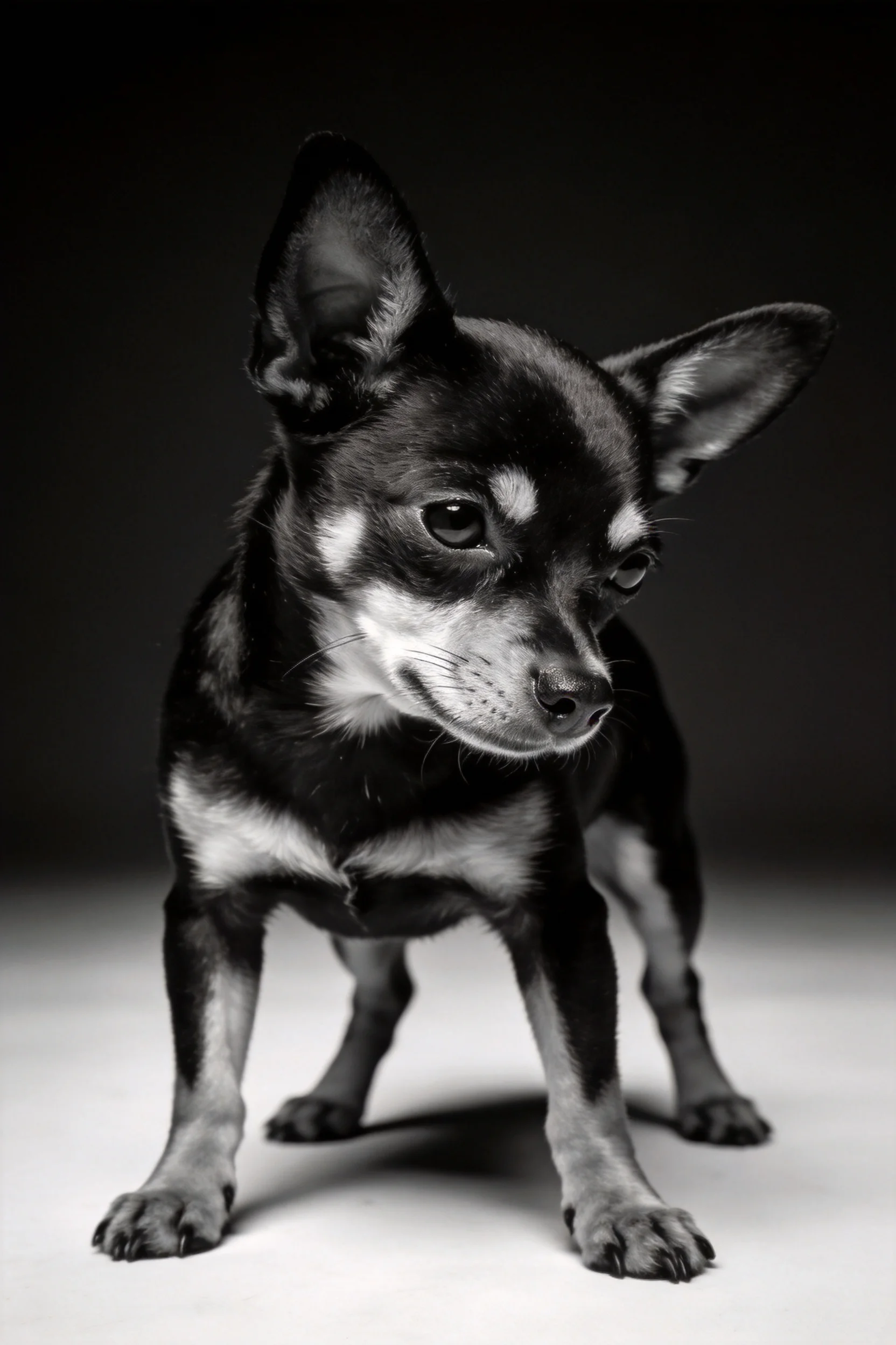 双色小型吉娃娃犬，黑白特写画面中，其头部与胸部浅色斑块清晰可见，毛发短而顺滑。