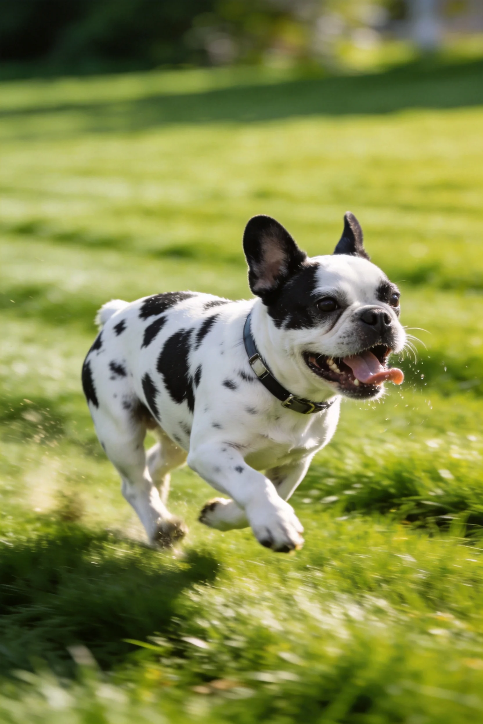 黑白斑点的法国斗牛犬在草地上奔跑,嘴巴张开露出湿润的舌头。