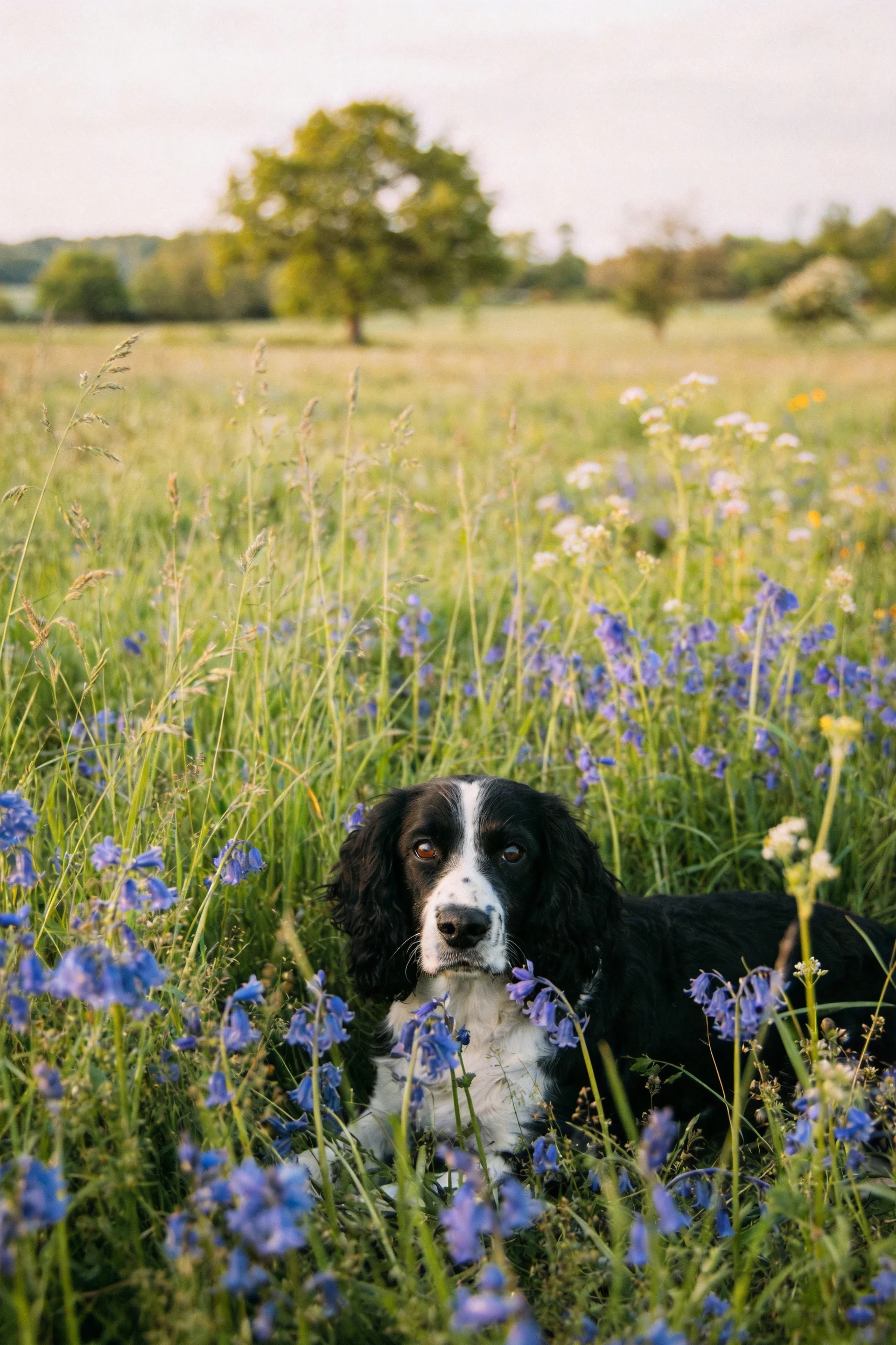 英国史宾格犬安静卧于花丛中,黑色的卷毛与白色面部在柔和光线照射下清晰可见。