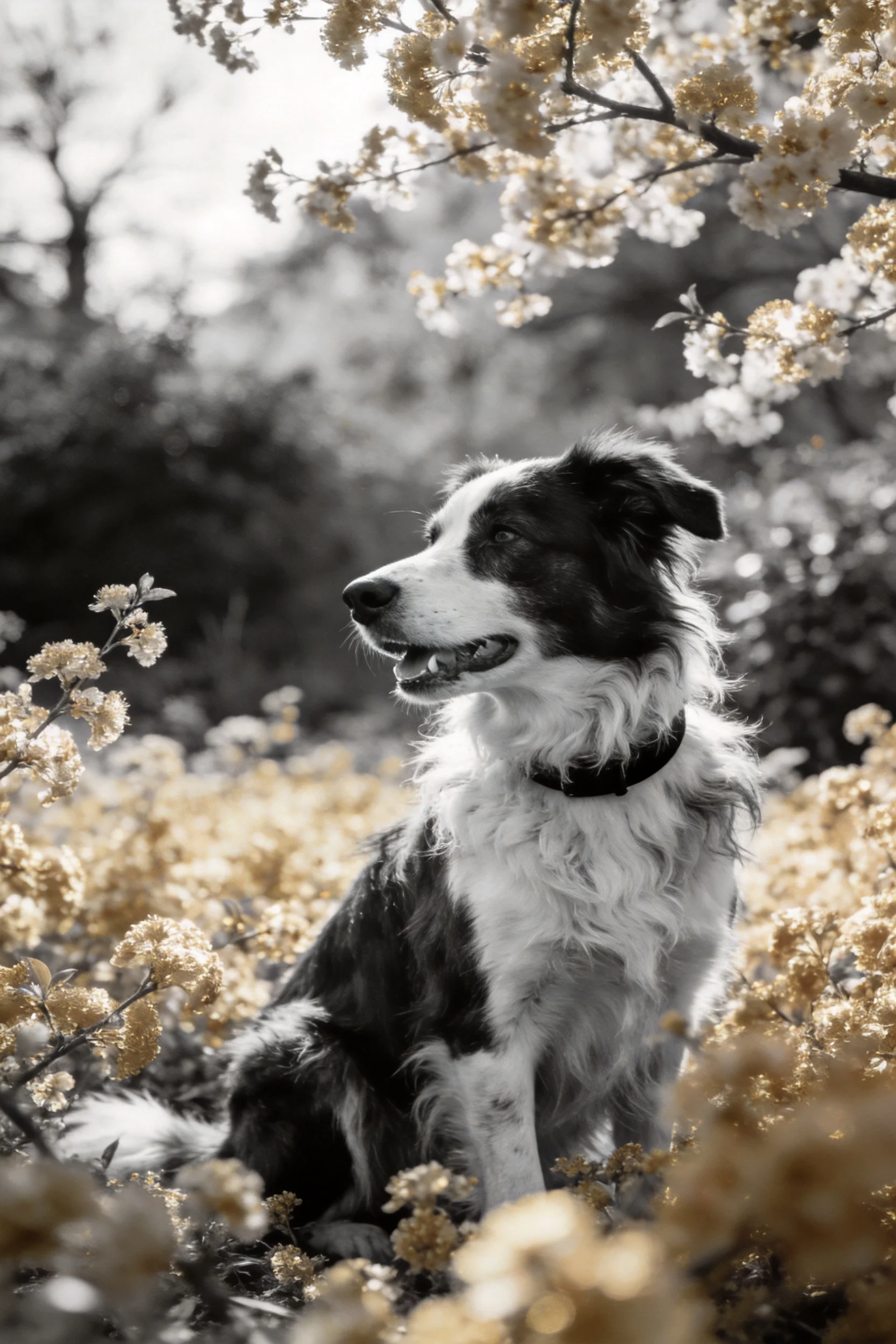 边境牧羊犬黑白毛发与周围黄色花朵形成鲜明对比,项圈清晰可见。