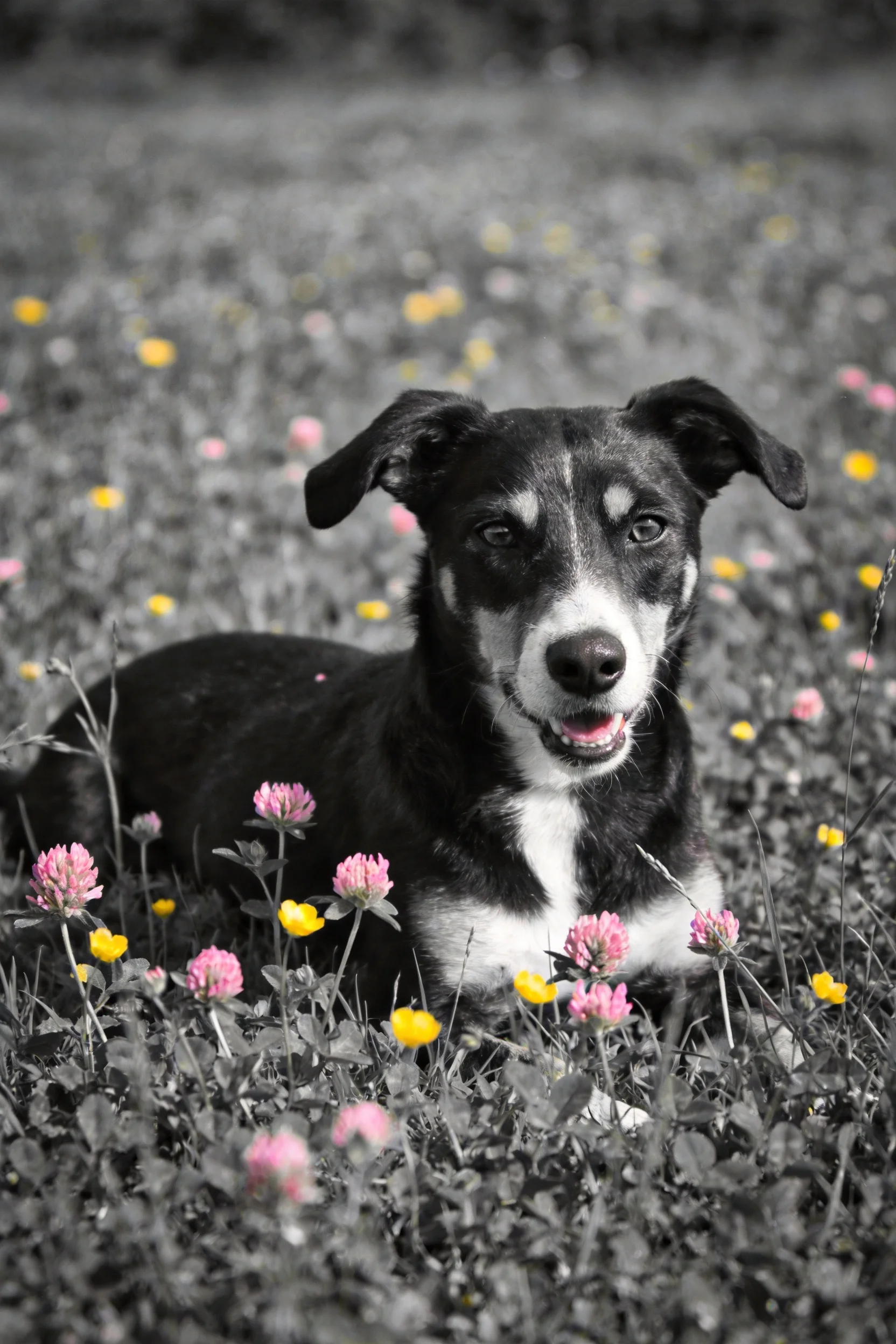 黑白工作犬混种安静躺卧在花草间,周围有粉色和黄色野花环绕。
