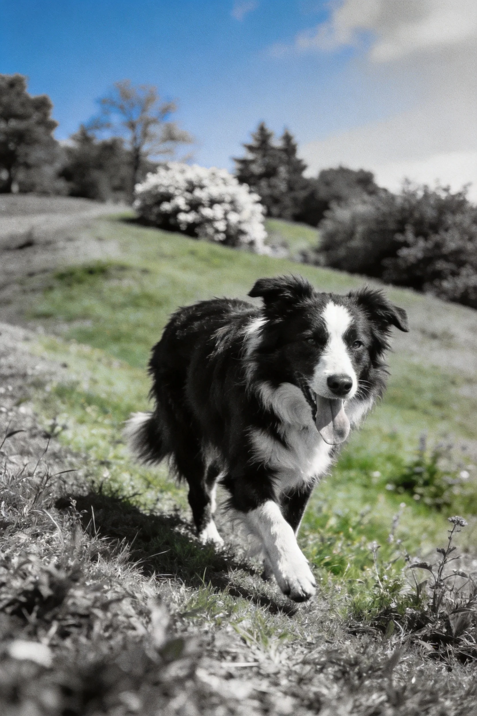 边境牧羊犬在阳光草地奔跑,黑白相间的毛发,张开的嘴巴露出湿润的粉色舌头。