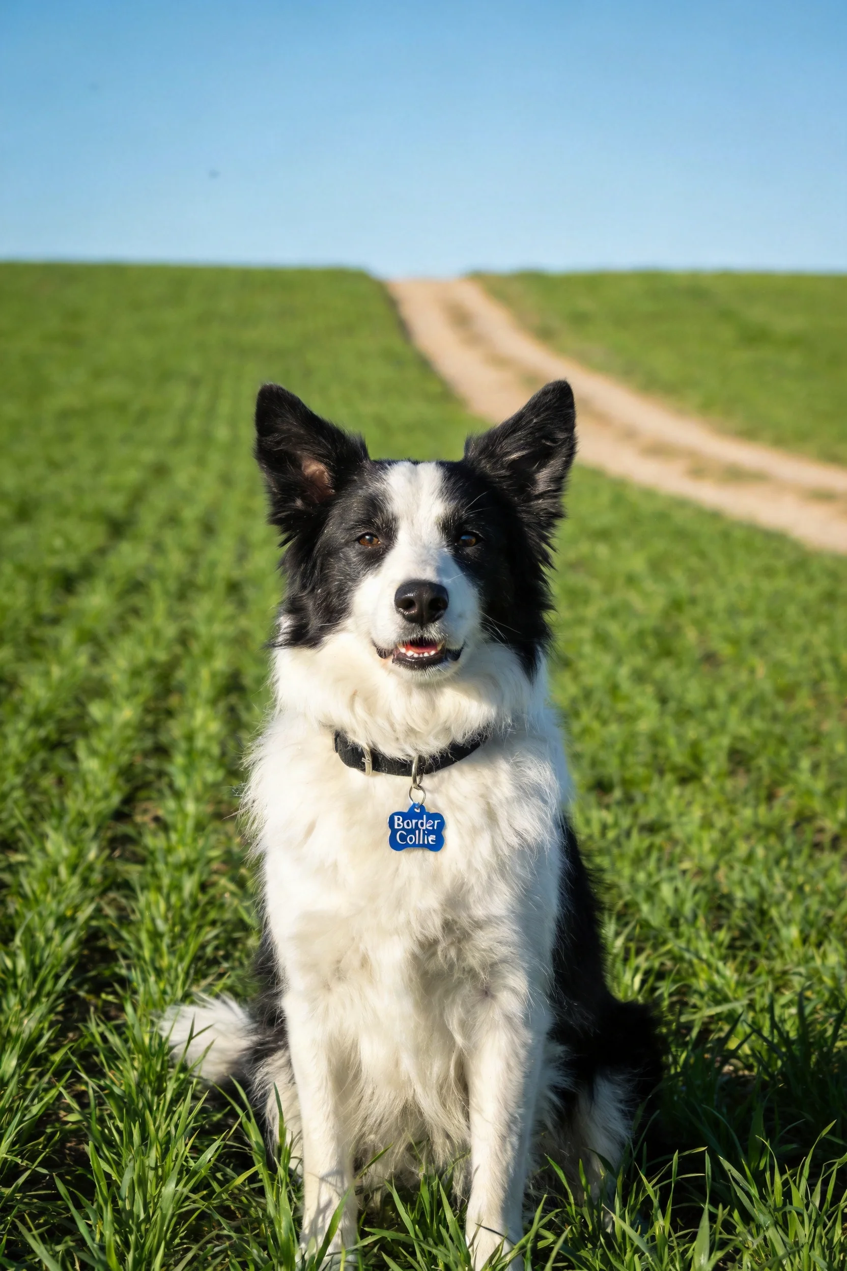 黑白边境牧羊犬安静地坐在草地上,耳朵竖起,眼睛明亮,项圈清晰可见。