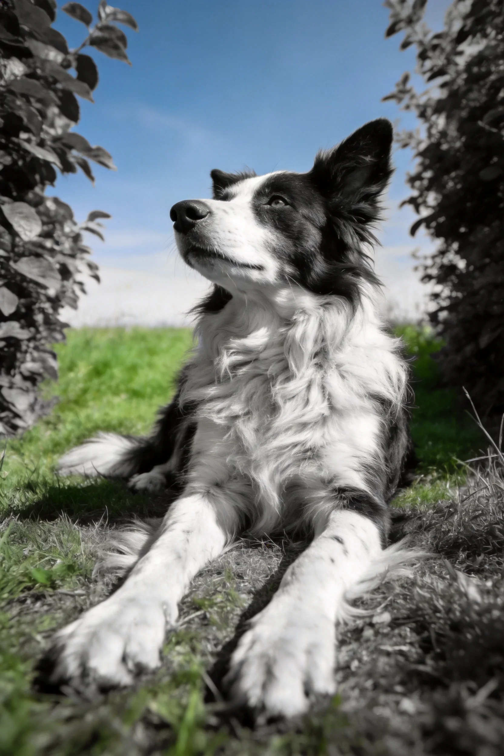 一只边境牧羊犬,黑白相间的毛发,耳朵竖起,正抬头望向远方,前爪伸展趴在草地上。