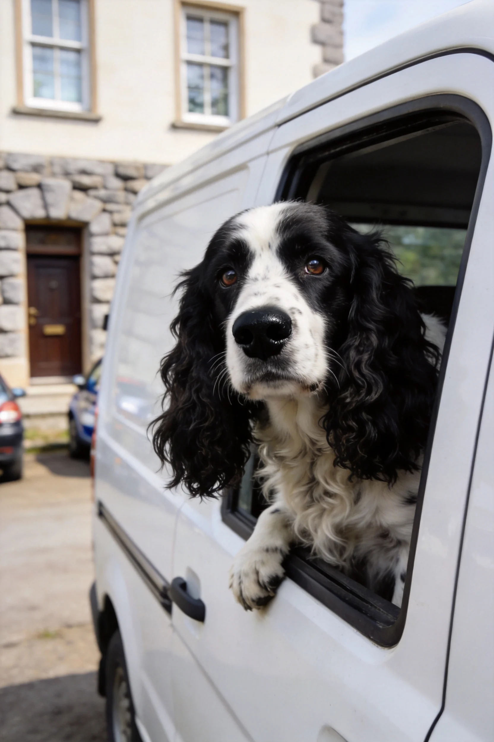 英国史宾格犬黑白相间的卷毛搭在白色厢式货车车窗边缘,眼神专注看向镜头外。