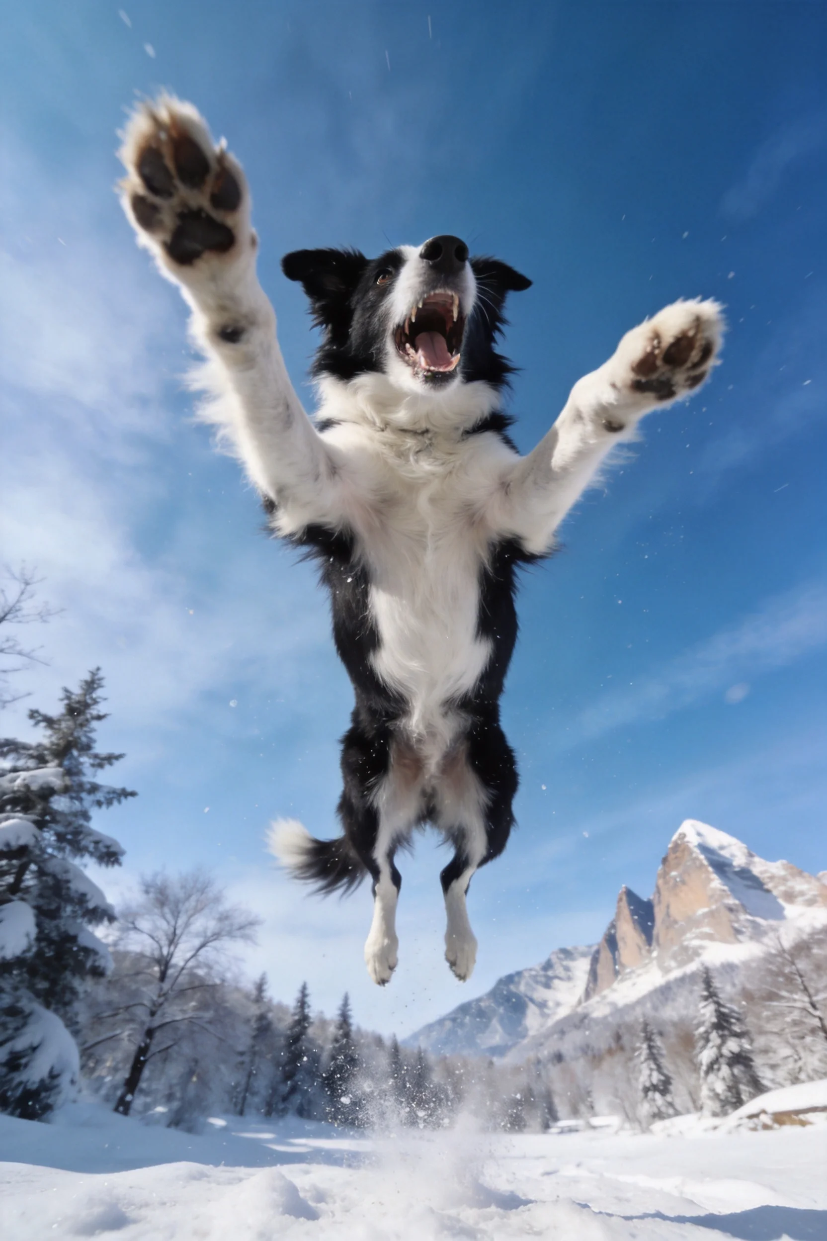 雪景中黑白相间的边境牧羊犬腾空跳跃,爪子张开,毛发蓬松。