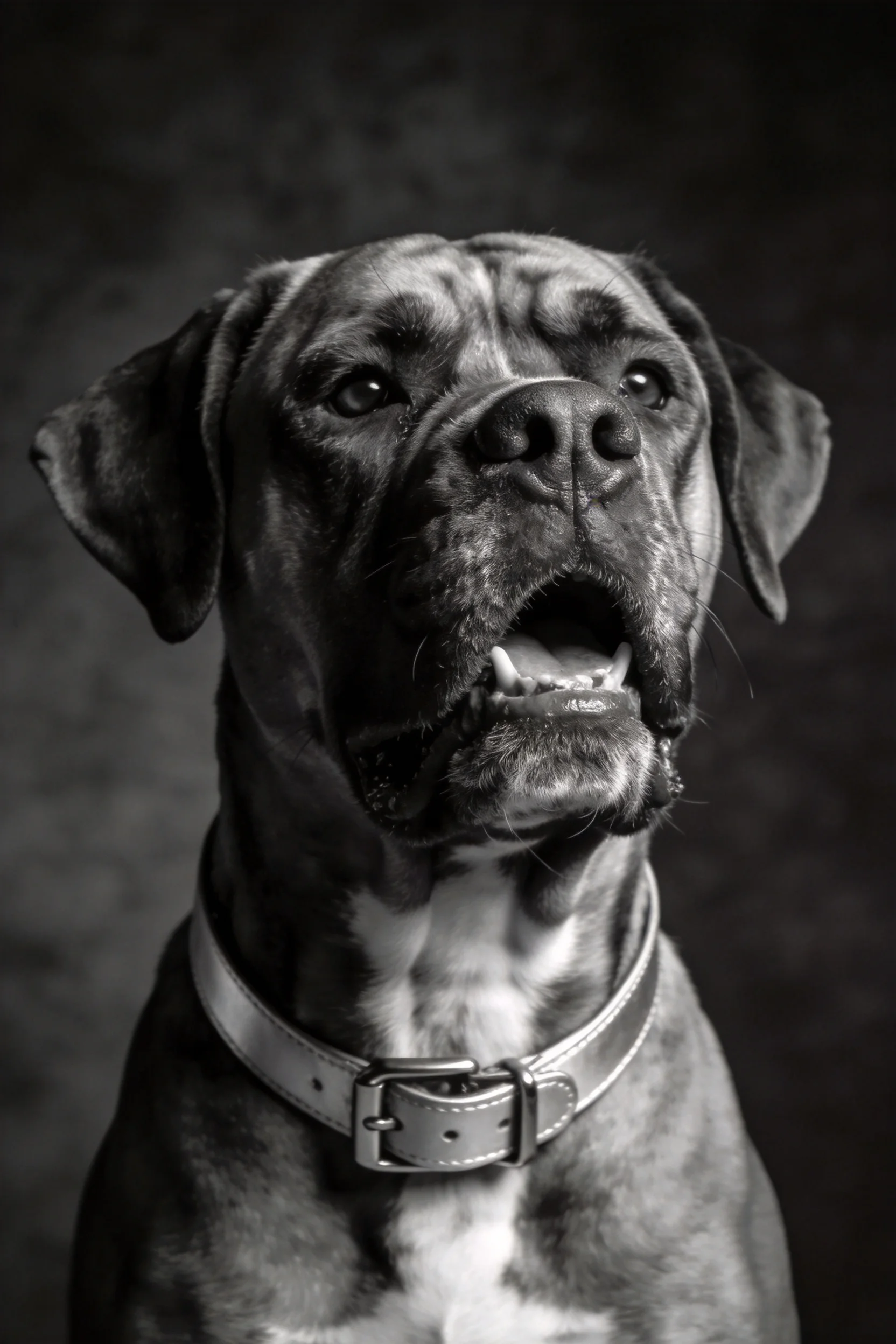 意大利獒犬张口仰望,可见其宽阔头部与胸部白色斑纹。