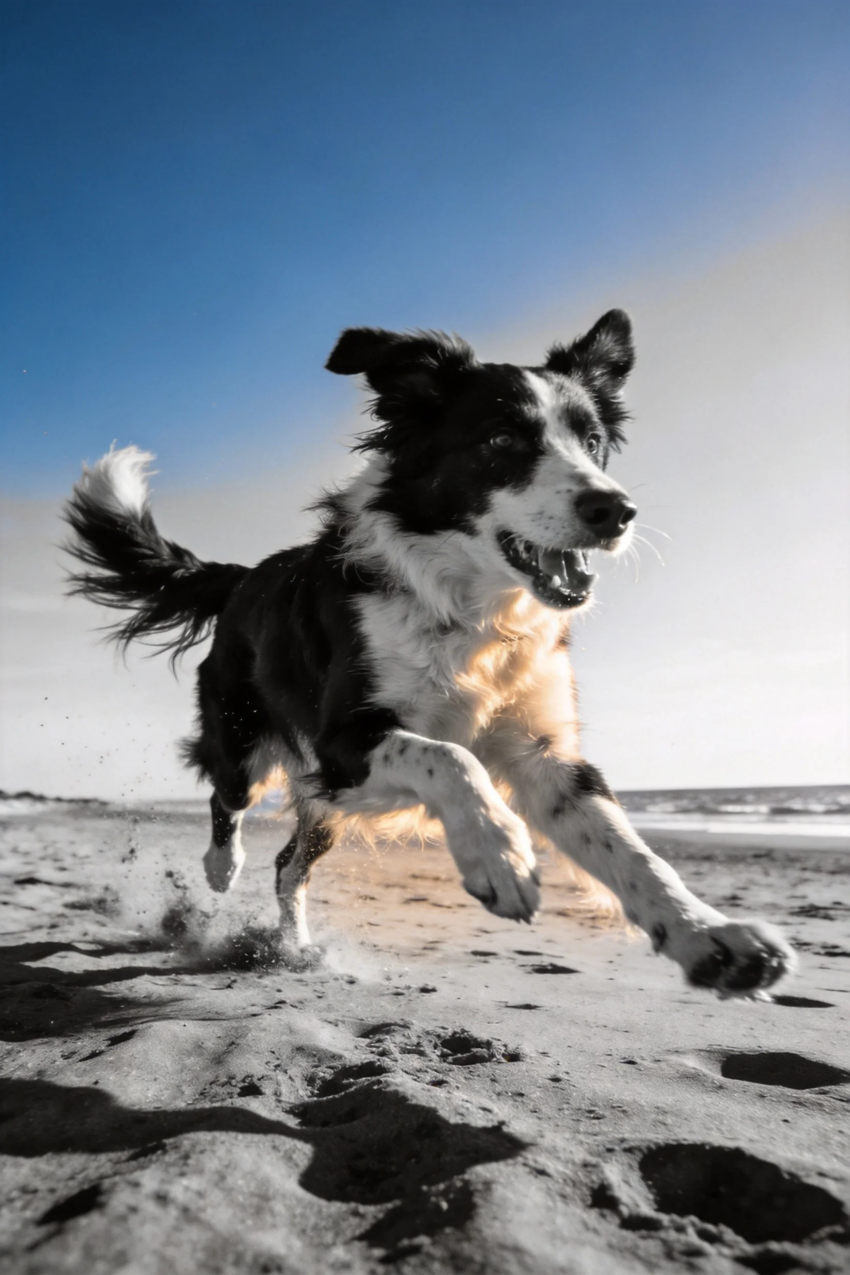 黑白边境牧羊犬在沙滩上奔跑,爪子沾着细沙粒,嘴巴张开露出牙齿。