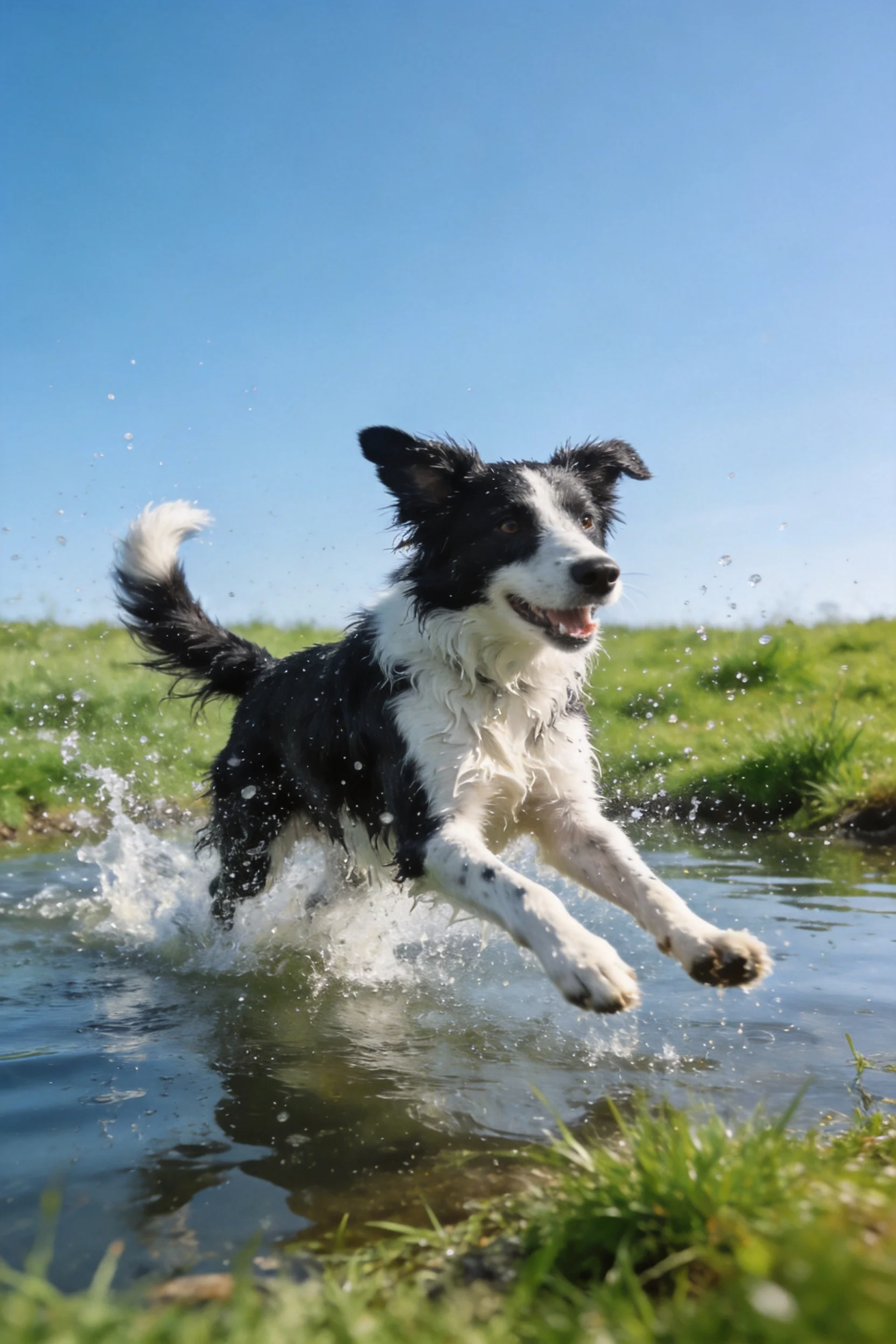 边境牧羊犬毛发湿润,在水中奔跑时展现出其敏捷特质。