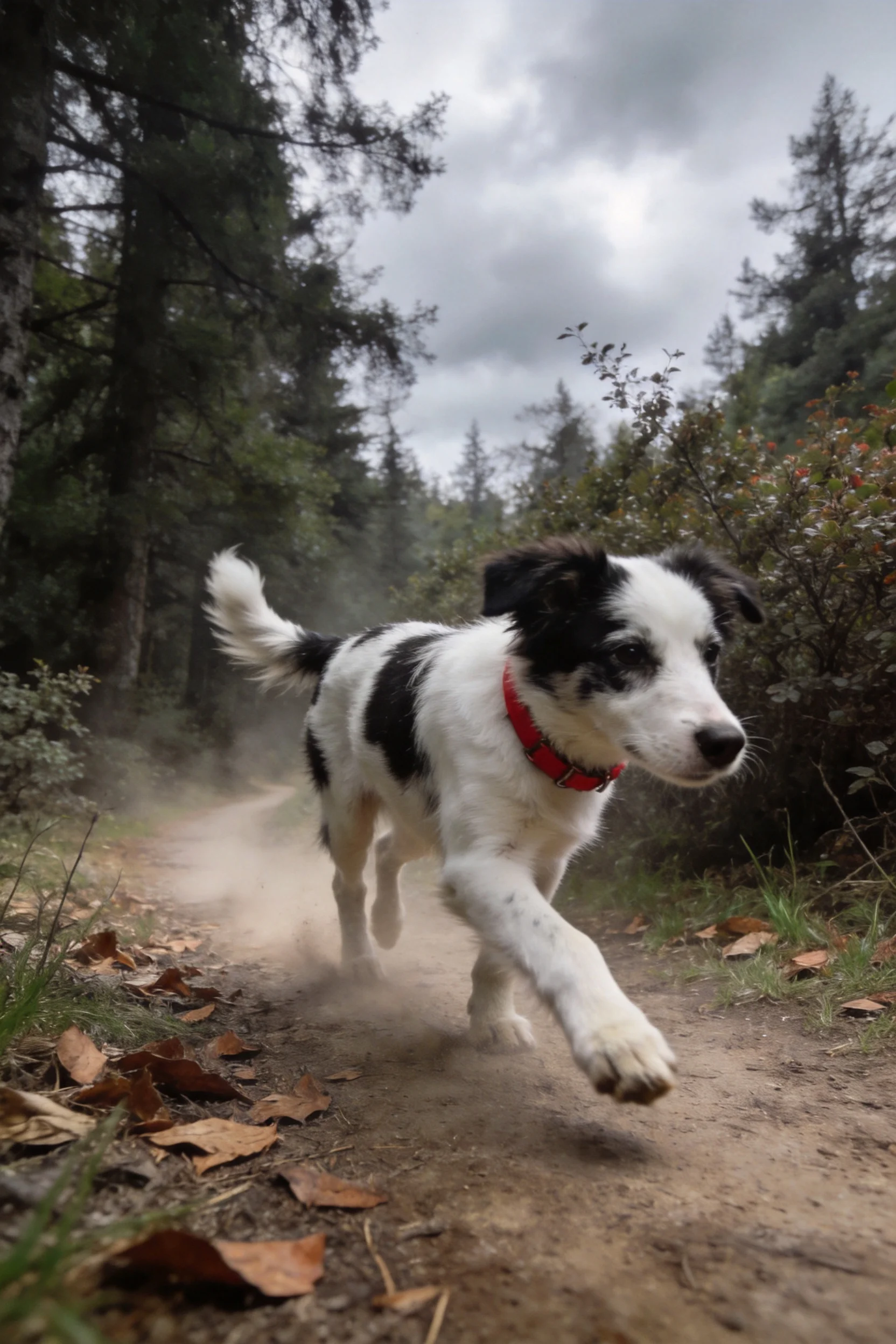 黑白混血犬在森林小径上奔跑,红色项圈清晰可见,脚下尘土飞扬。