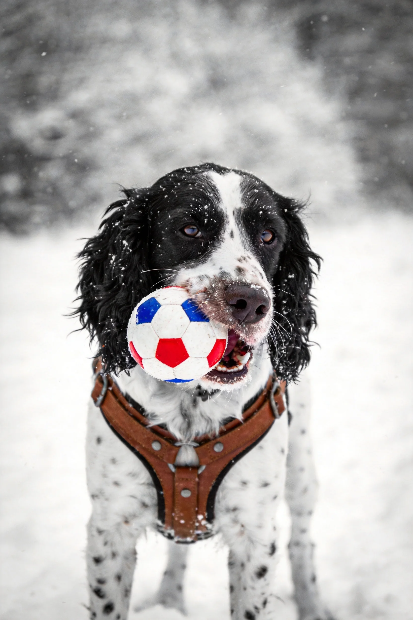英国史宾格猎犬叼着红蓝白相间的足球，黑色卷毛沾有雪花痕迹。
