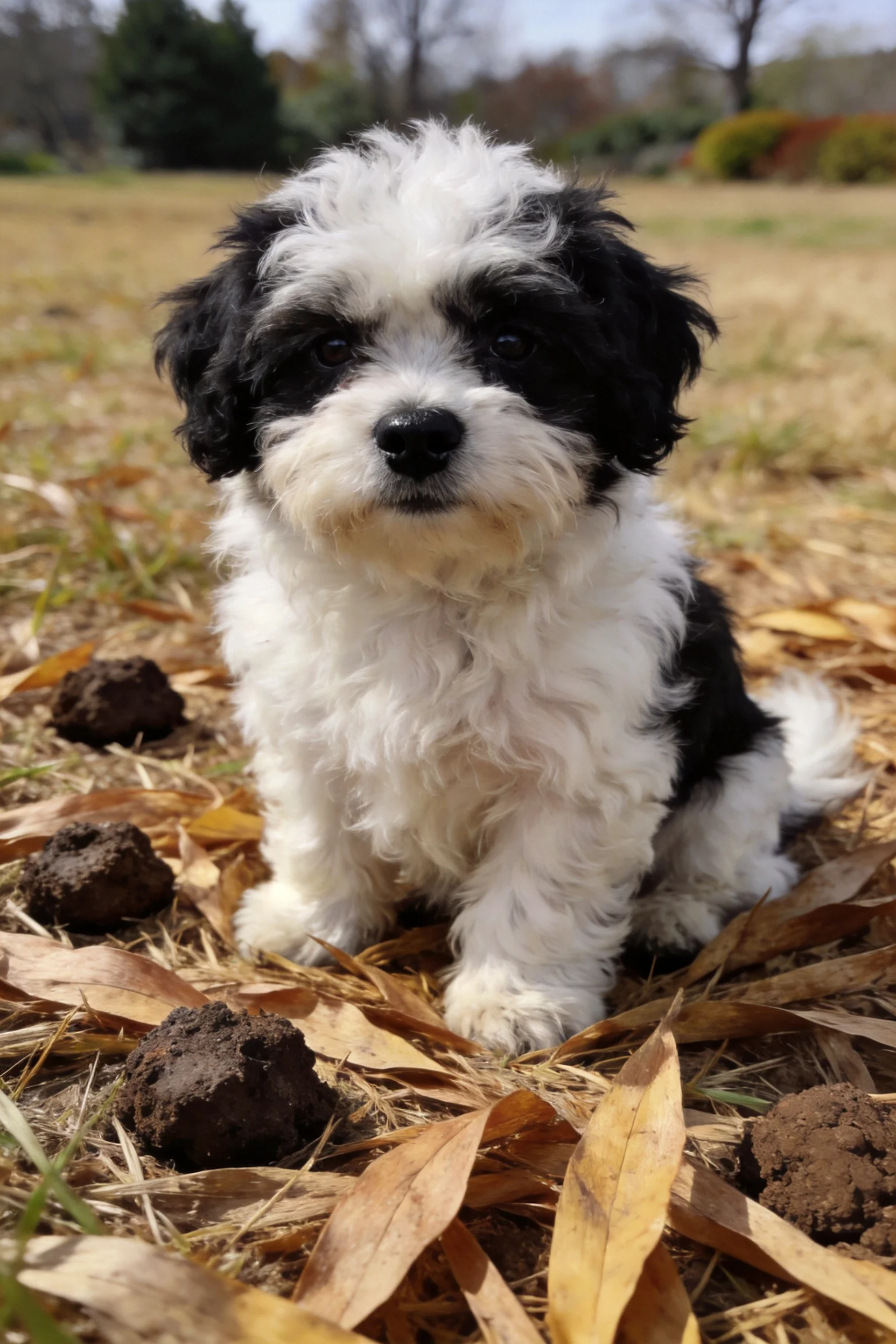 哈瓦那犬幼犬坐在干燥草地上,蓬松卷曲的毛发清晰可见。
